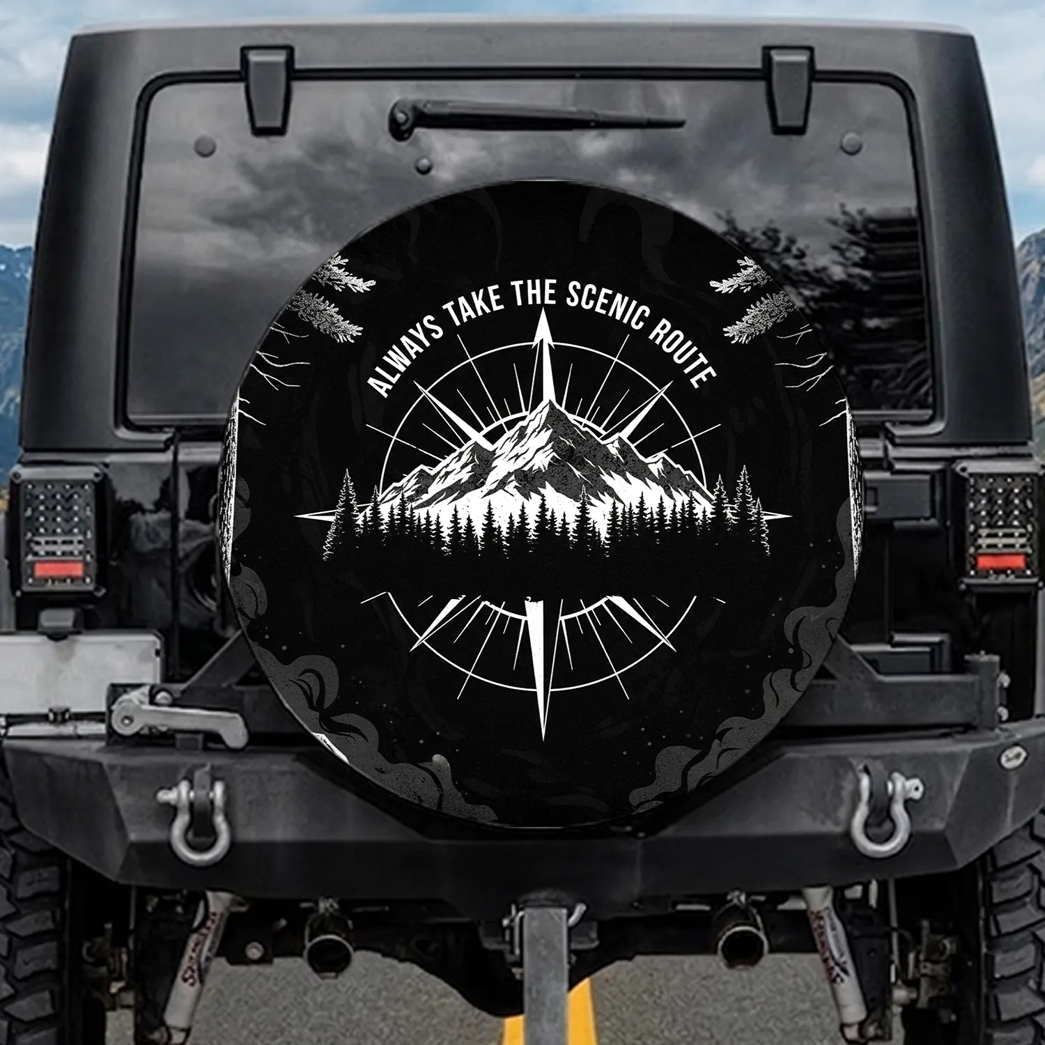Compass Rose Mountain Pine Trees always take the scenic route - Adventure Gift Spare Tire Cover - 1