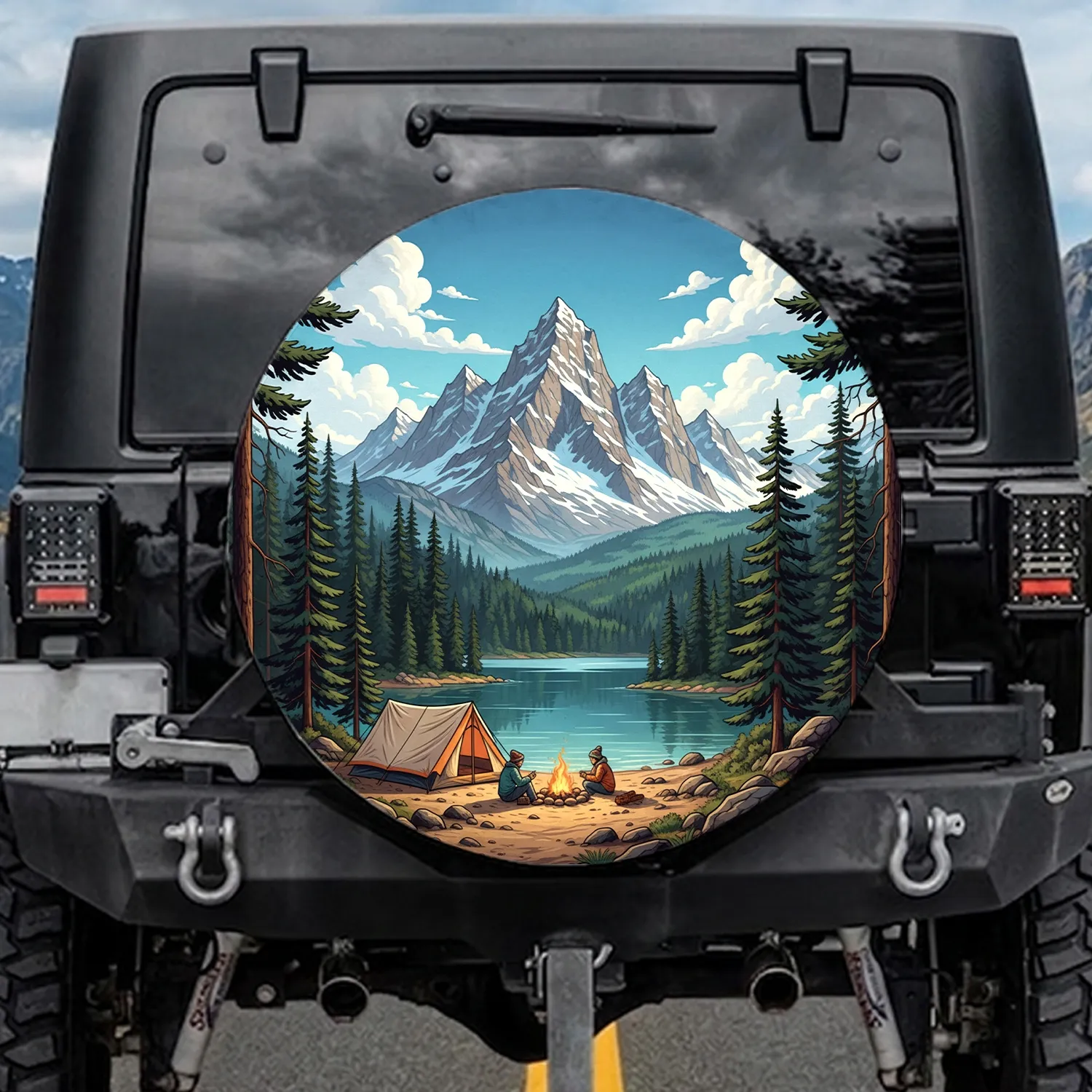 Snow-Capped Mountain Lake Campfire Tent - Outdoor Recreation Gift Spare Tire Cover - 1