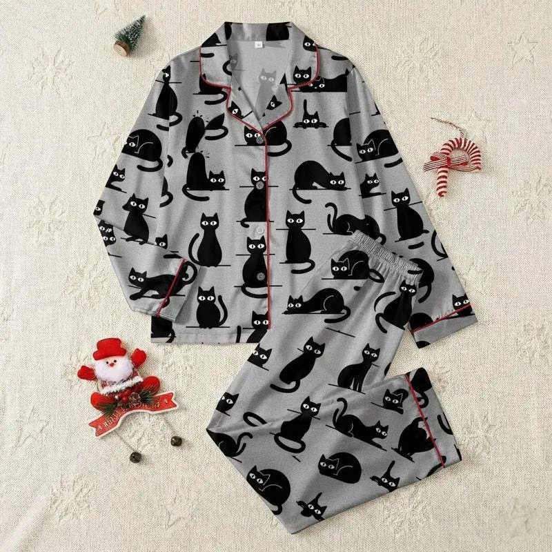 Women's Black Cat Pajamas Playful Minimalist Silhouette Print Satin Pajamas Set - 1