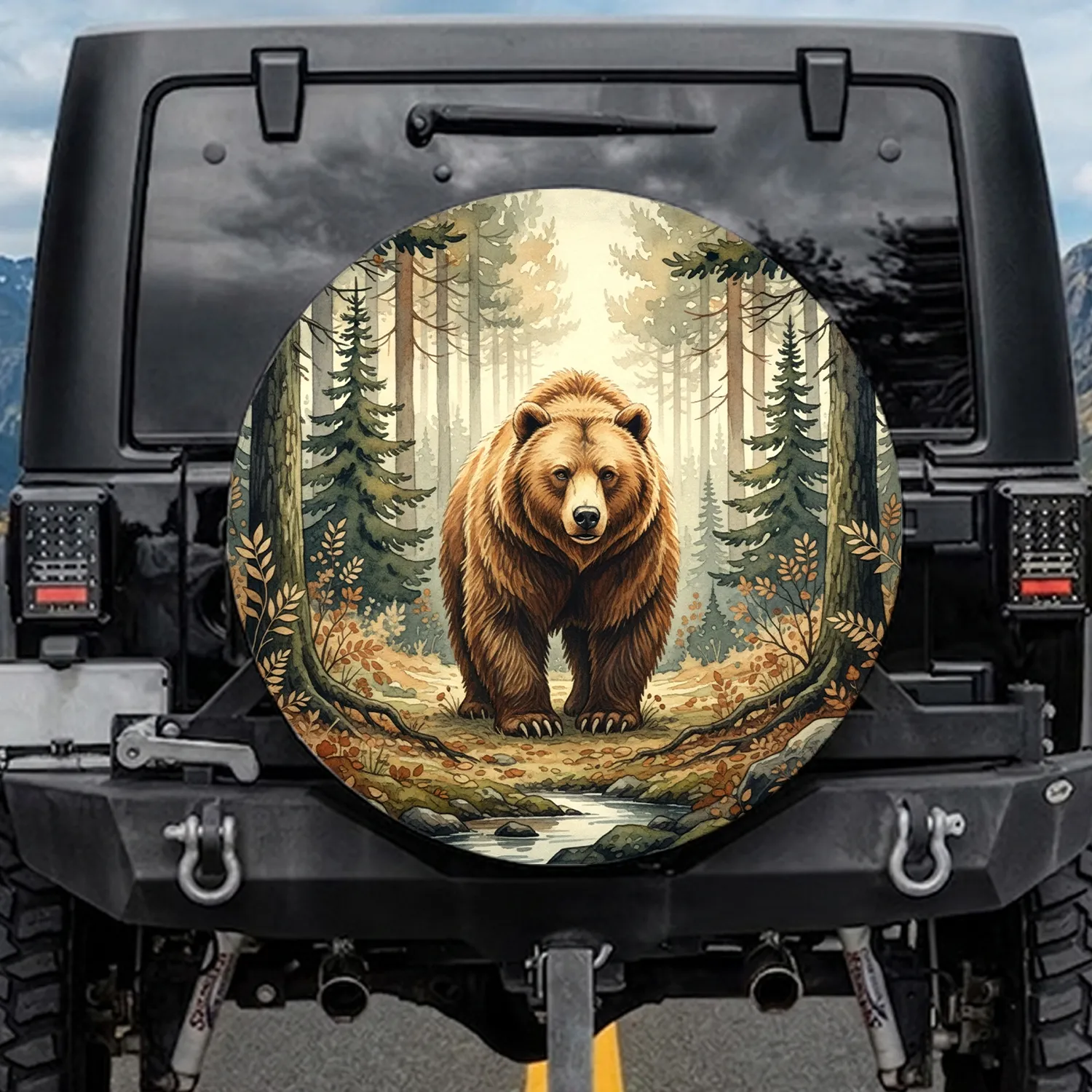 Majestic Brown Bear Walking Forward Dense Forest Landscape Deep Green - Wildlife Lover Gift Spare Tire Cover - 1