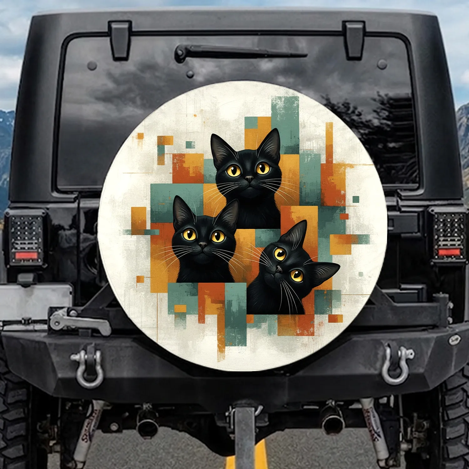 Three Upward Looking Black Cats Geometric Blocks - Cat Lover Outdoor Vehicle Decor Spare Tire Cover - 1