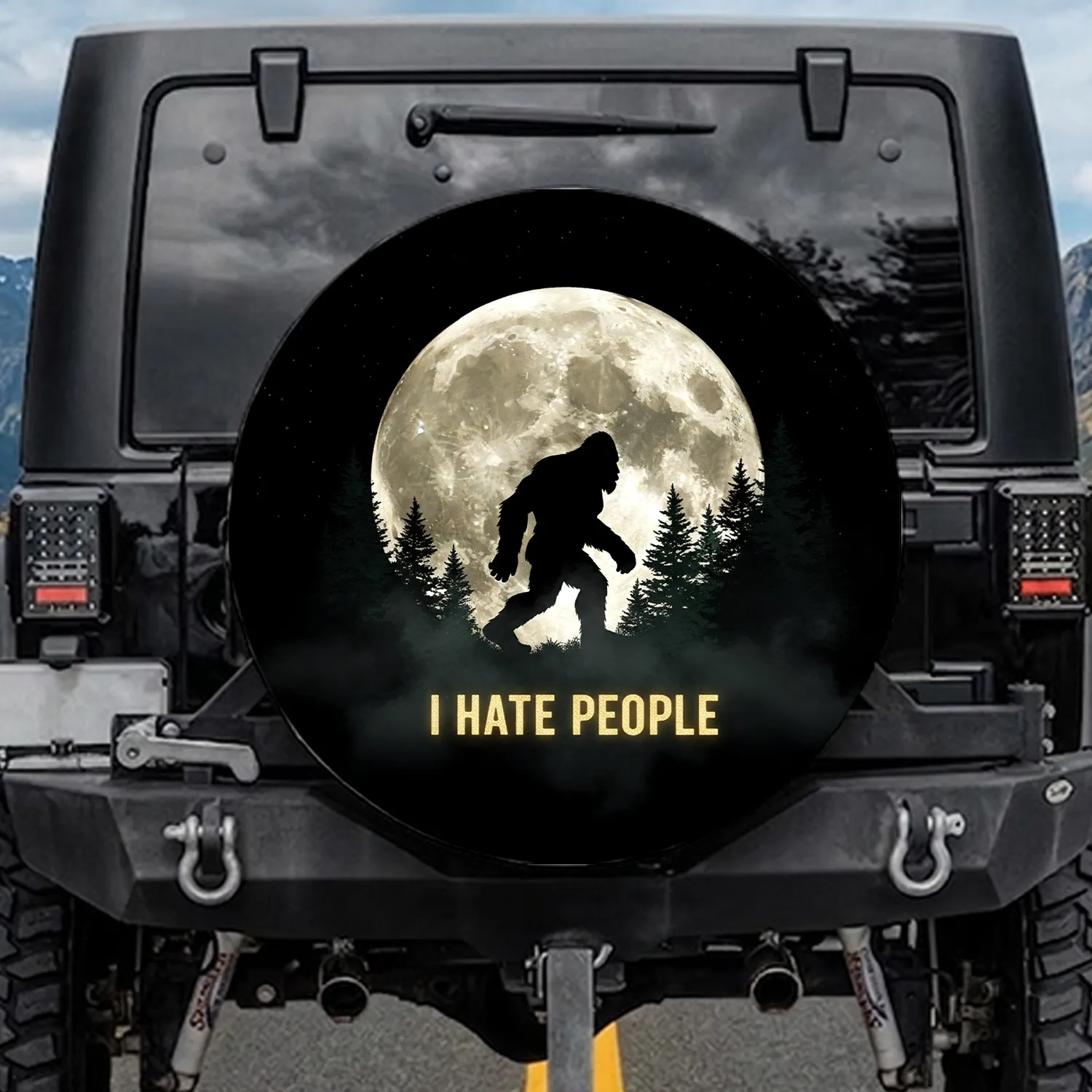 Bigfoot Full Moon Pine Trees I HATE PEOPLE Solitude Seeker Gift Spare Tire Cover - 1