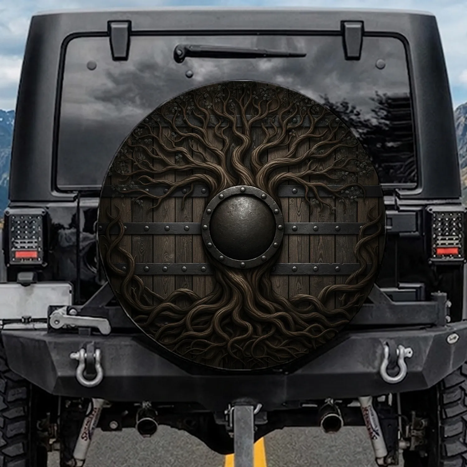 Yggdrasil Tree of Life Riveted Wood Iron - Nature Lover Gift Spare Tire Cover - 1