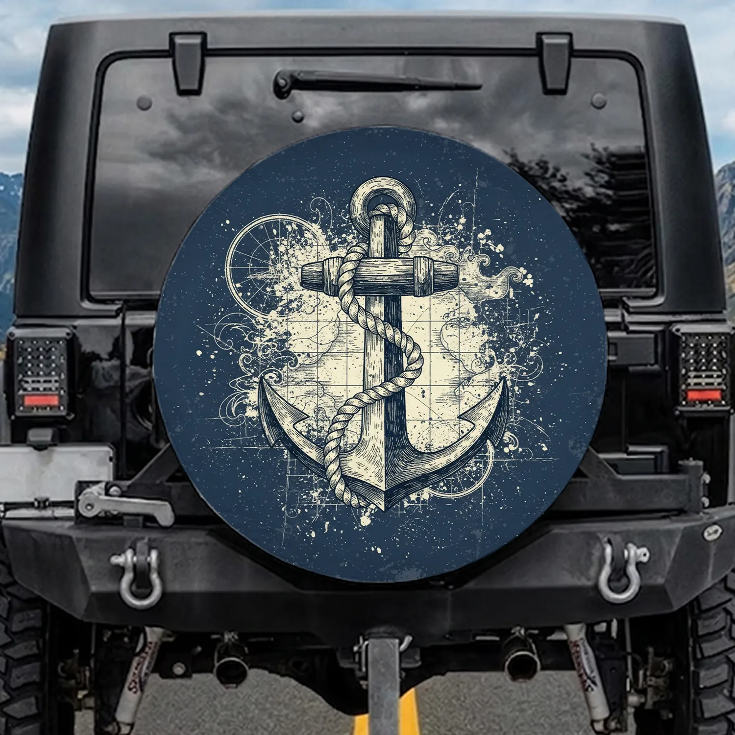 Deep Navy Vintage Anchor Rope Map - Nautical Car Decor Gift for Boaters Spare Tire Cover - 1