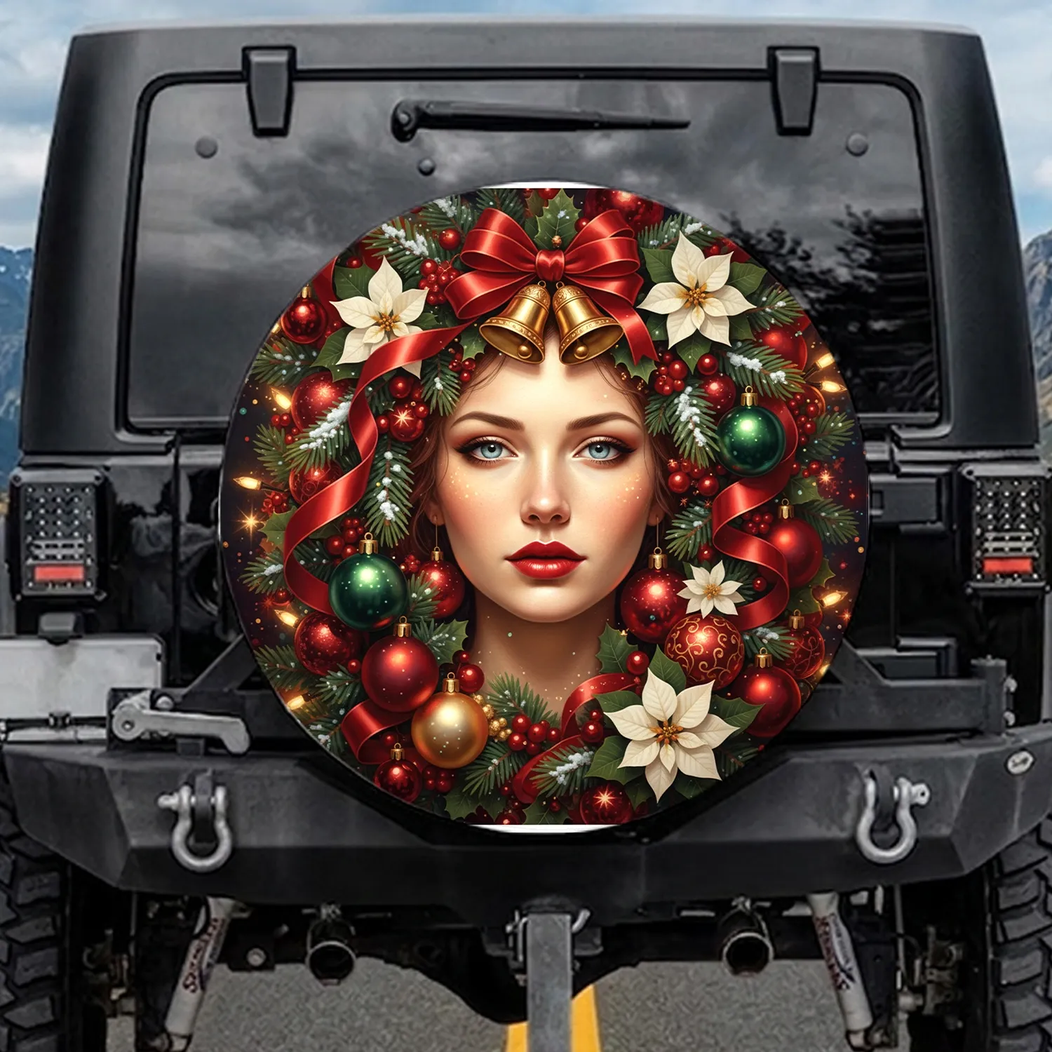 Ethereal Woman Face Poinsettia Christmas Adornments - Christmas Gift Spare Tire Cover - 1
