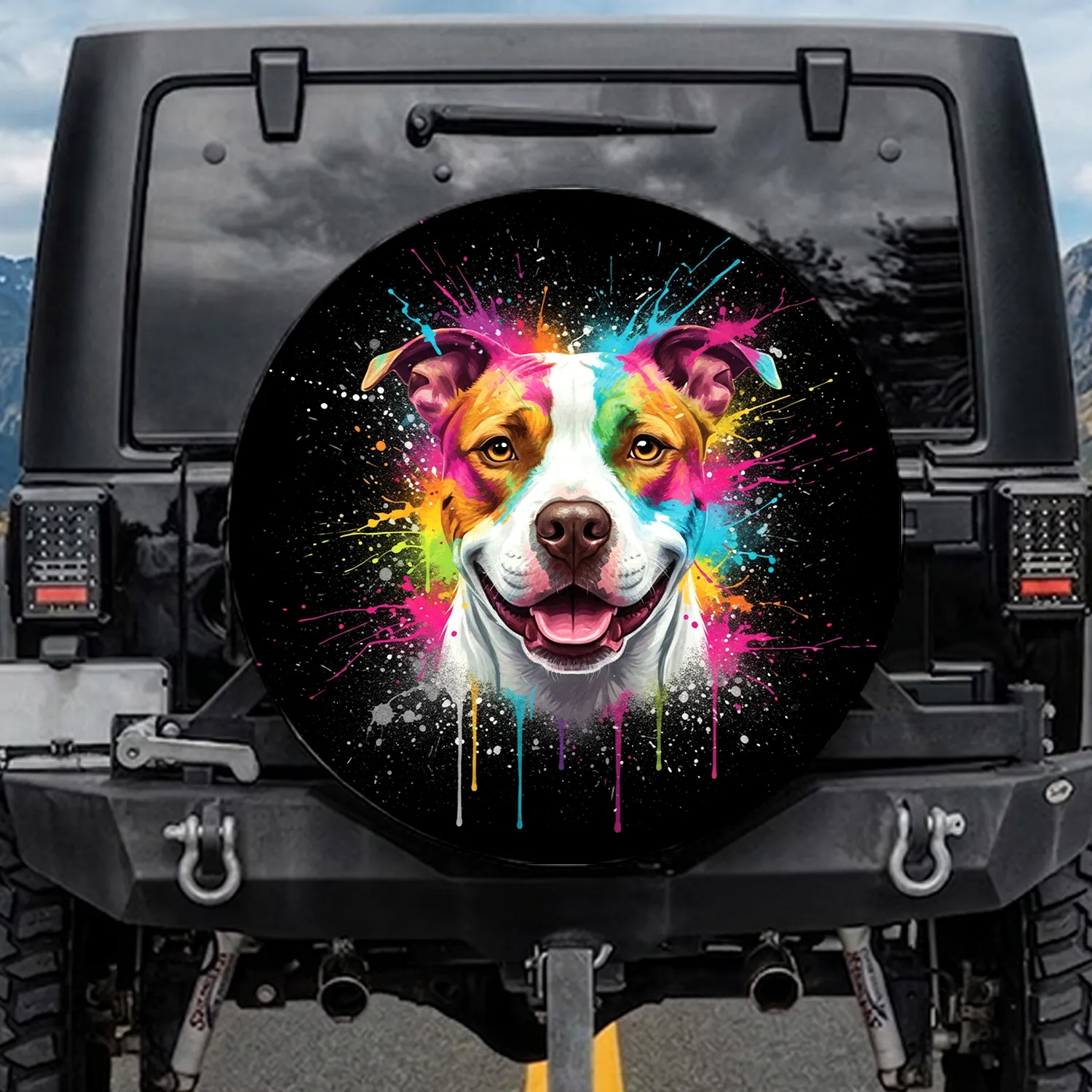 Pitbull Dog Head Golden Amber Eyes Paint Splashes - Dog Lover Gift Spare Tire Cover - 1