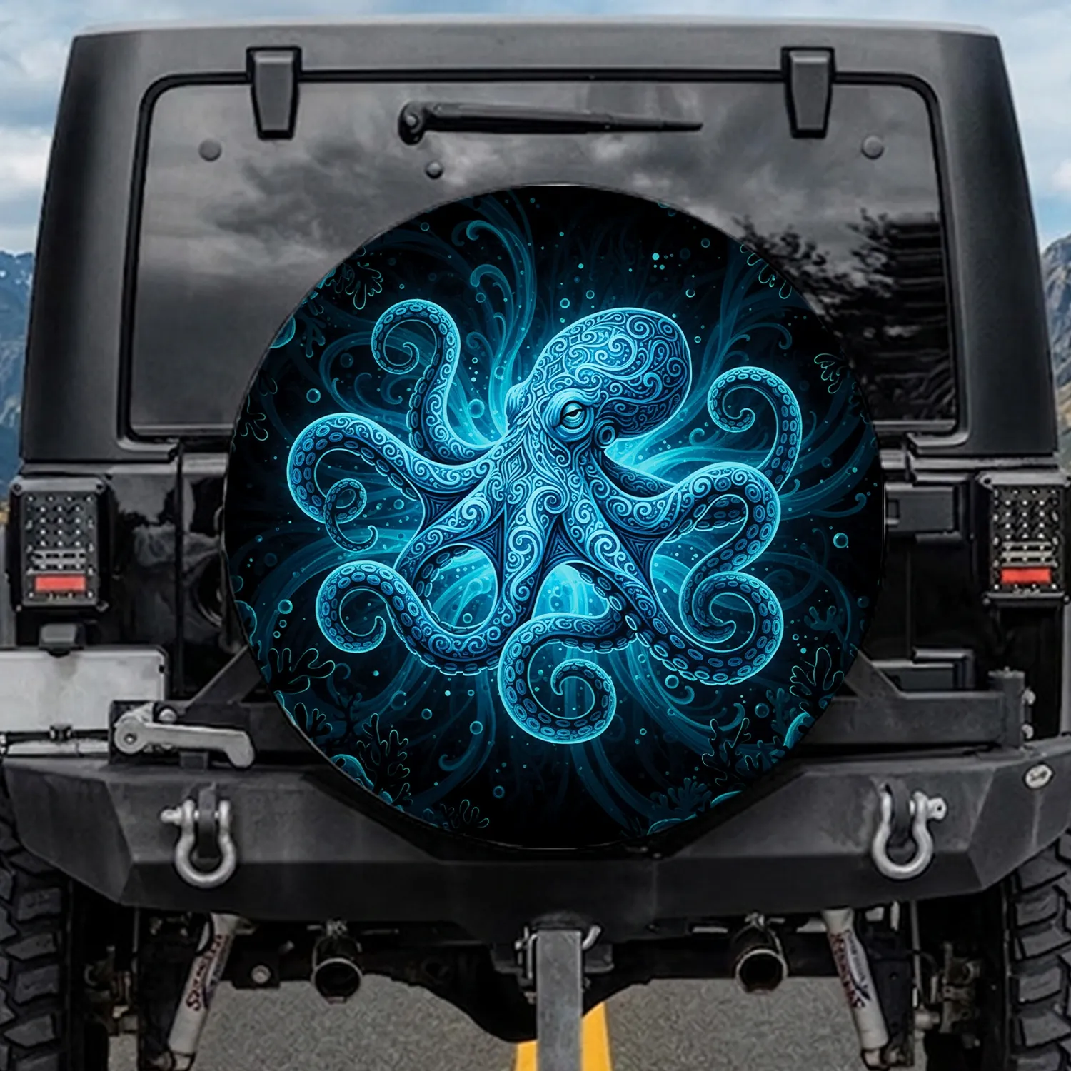 Bioluminescent Octopus Swirling Currents Deep Sea Ocean Lover Gift Spare Tire Cover - 1