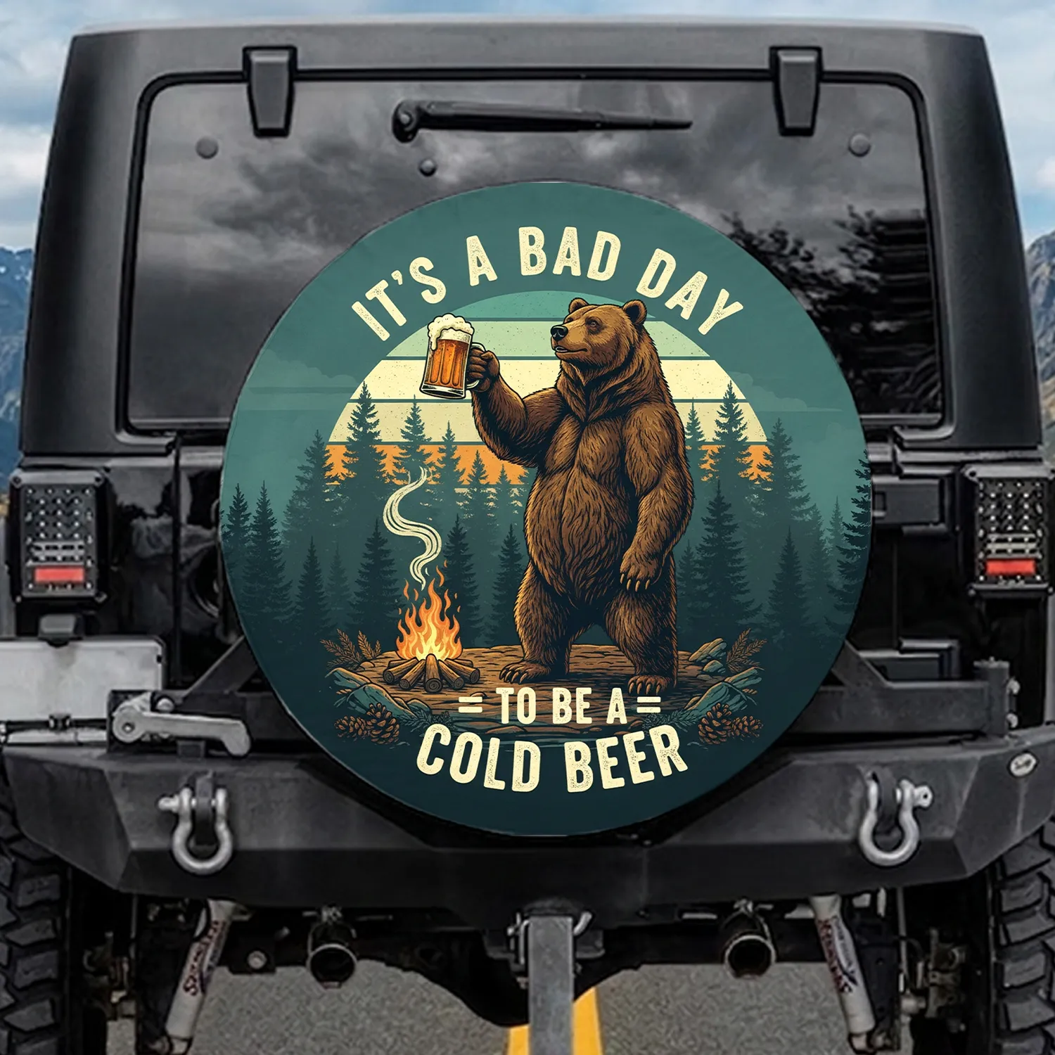Grizzly Bear Beer Mug Campfire Pine Forest - Wildlife Adventure Gift for Dads Spare Tire Cover - 1