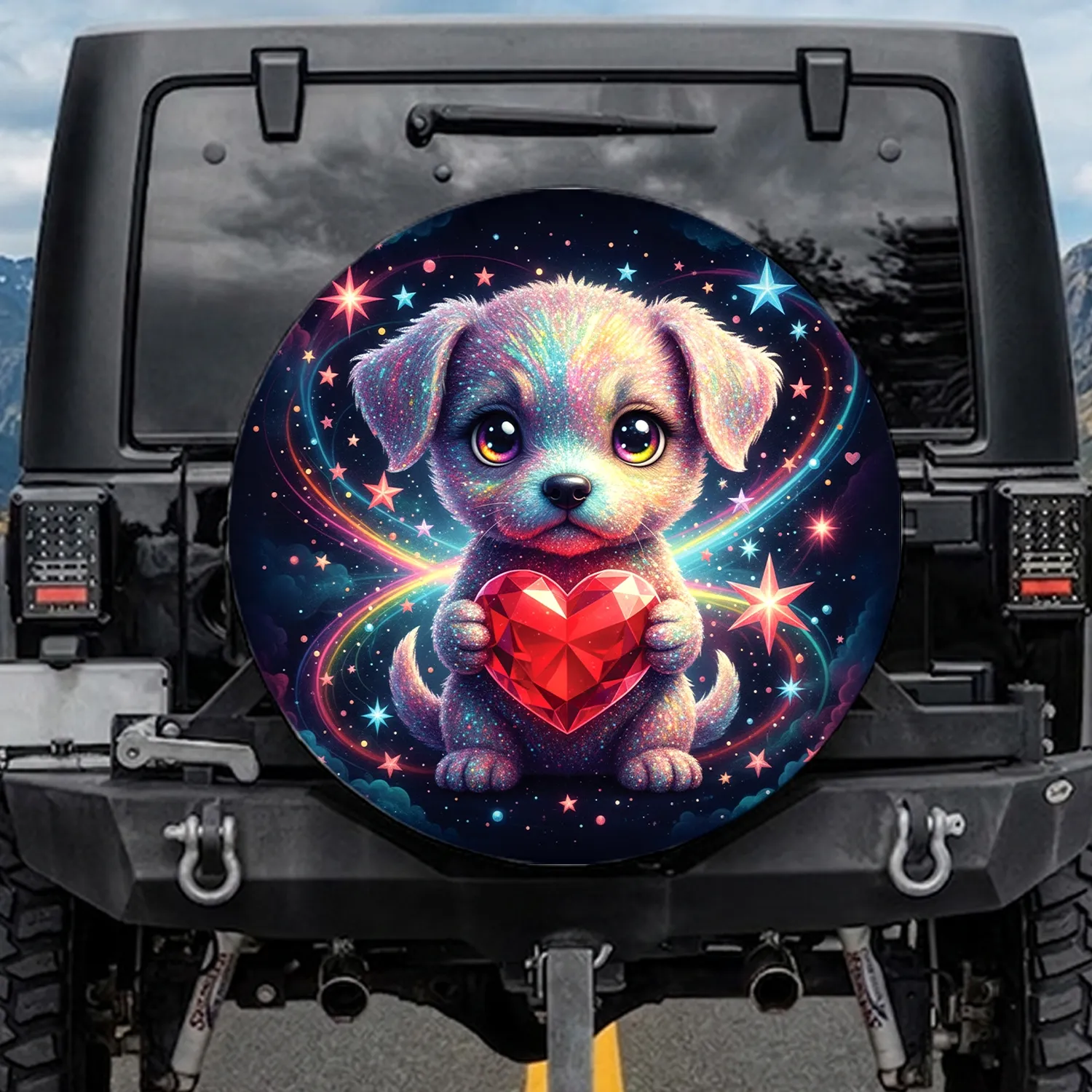 Rainbow Puppy Red Heart Celestial Stars - Dog Owner Vehicle Decor Gift Spare Tire Cover - 1