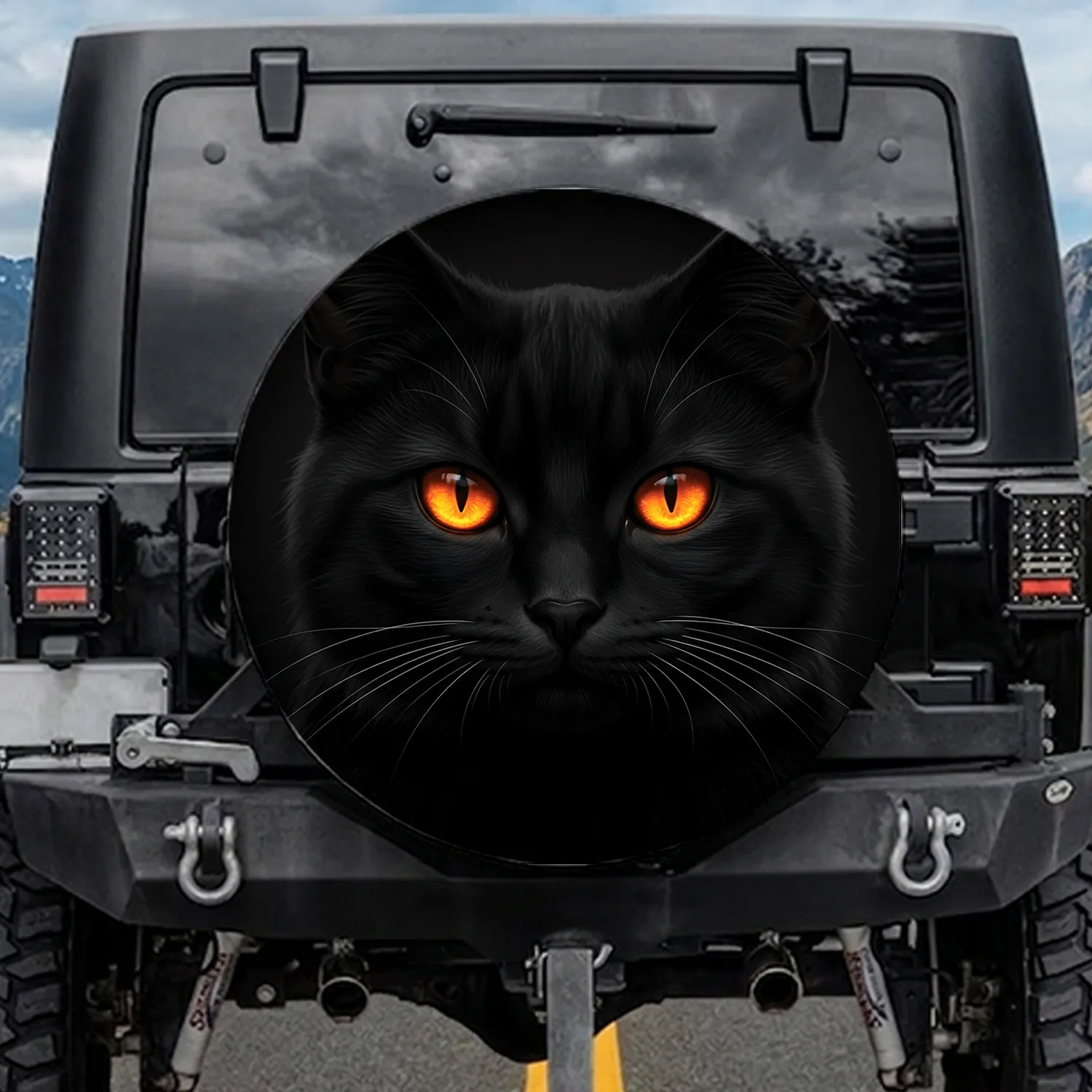 Black Cat Velvety Fur Molten Orange Vertical Pupil Eyes - Wildlife Lover Everyday Gift Spare Tire Cover - 1