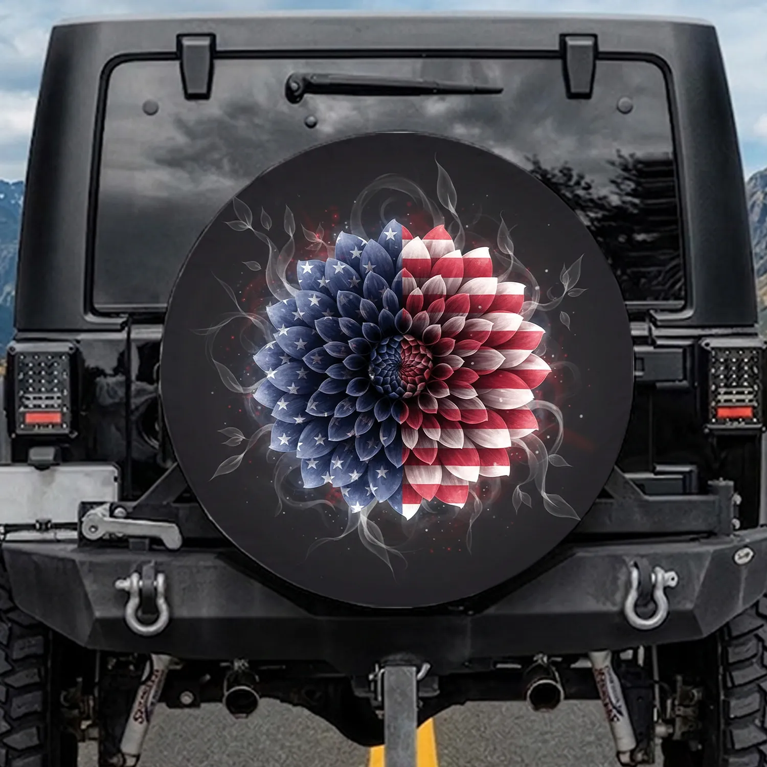 Glowing Dahlia American Flag Bloom Patriotic Car Decor Gift for Veterans Spare Tire Cover - 1