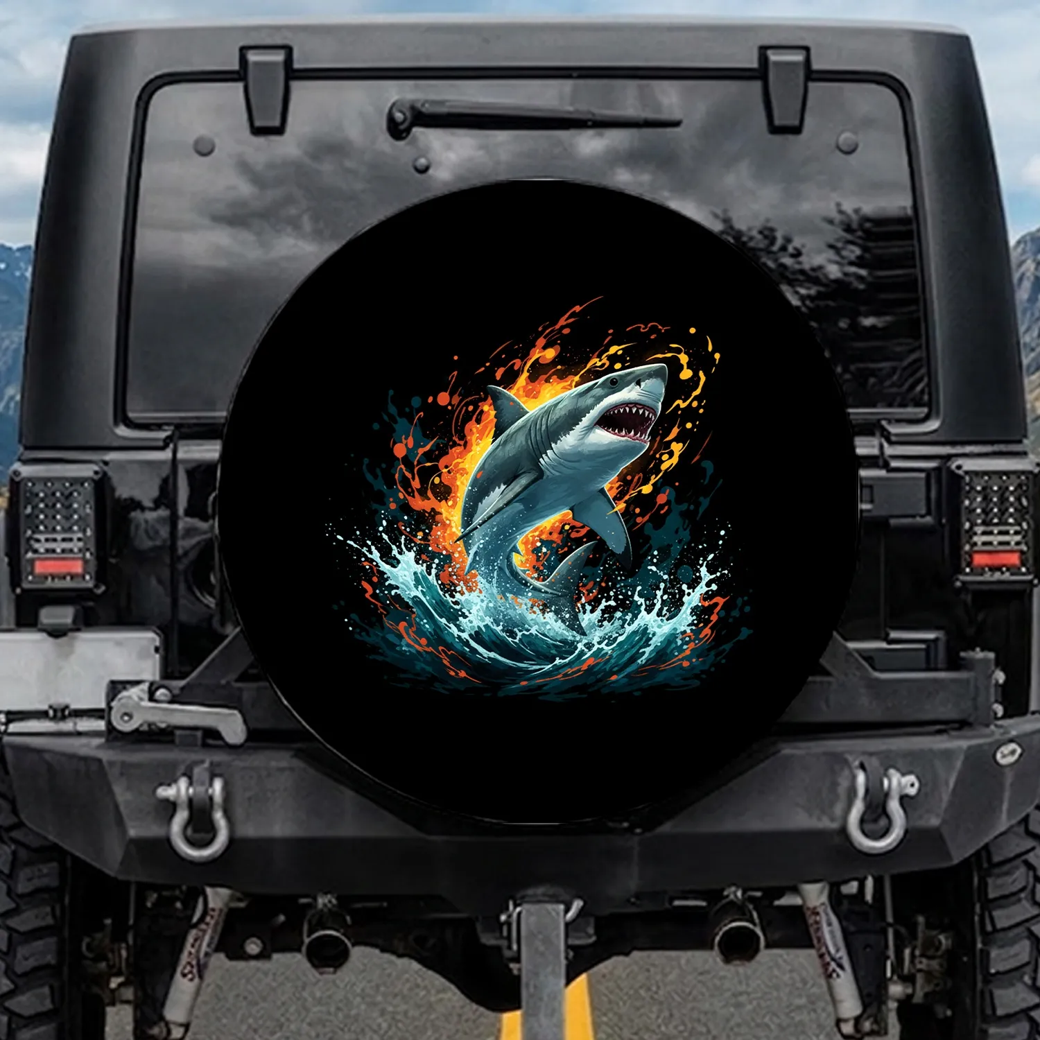 Leaping Great White Shark Stormy Deep Ocean Fiery Energy Bursts - Wildlife Lover Gift Spare Tire Cover - 1