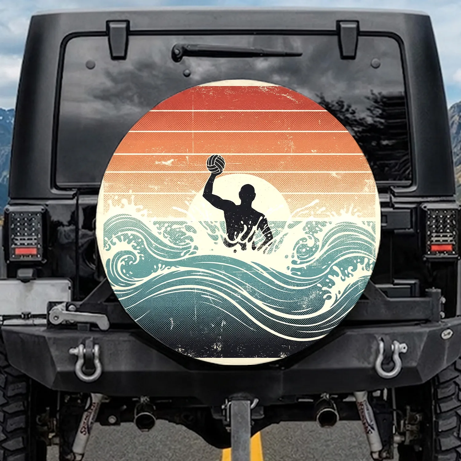 Water Polo Player Silhouette Splash - Water Sport Enthusiast Gift for Water Polo Fans Spare Tire Cover - 1