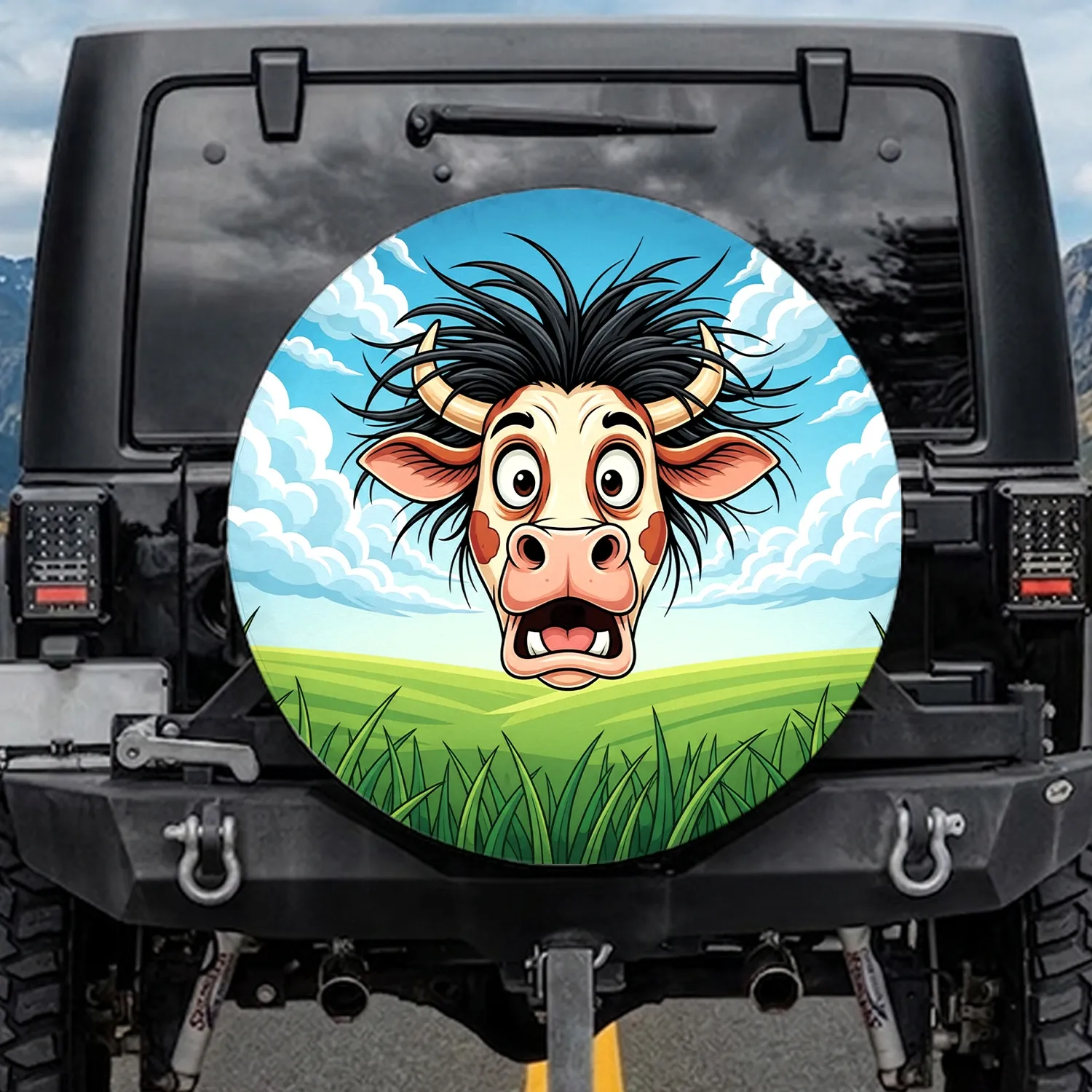 Wild Hair Shocked Cow Grassy Sky - Farmhouse Decor Gift for Cow Lover Spare Tire Cover - 1
