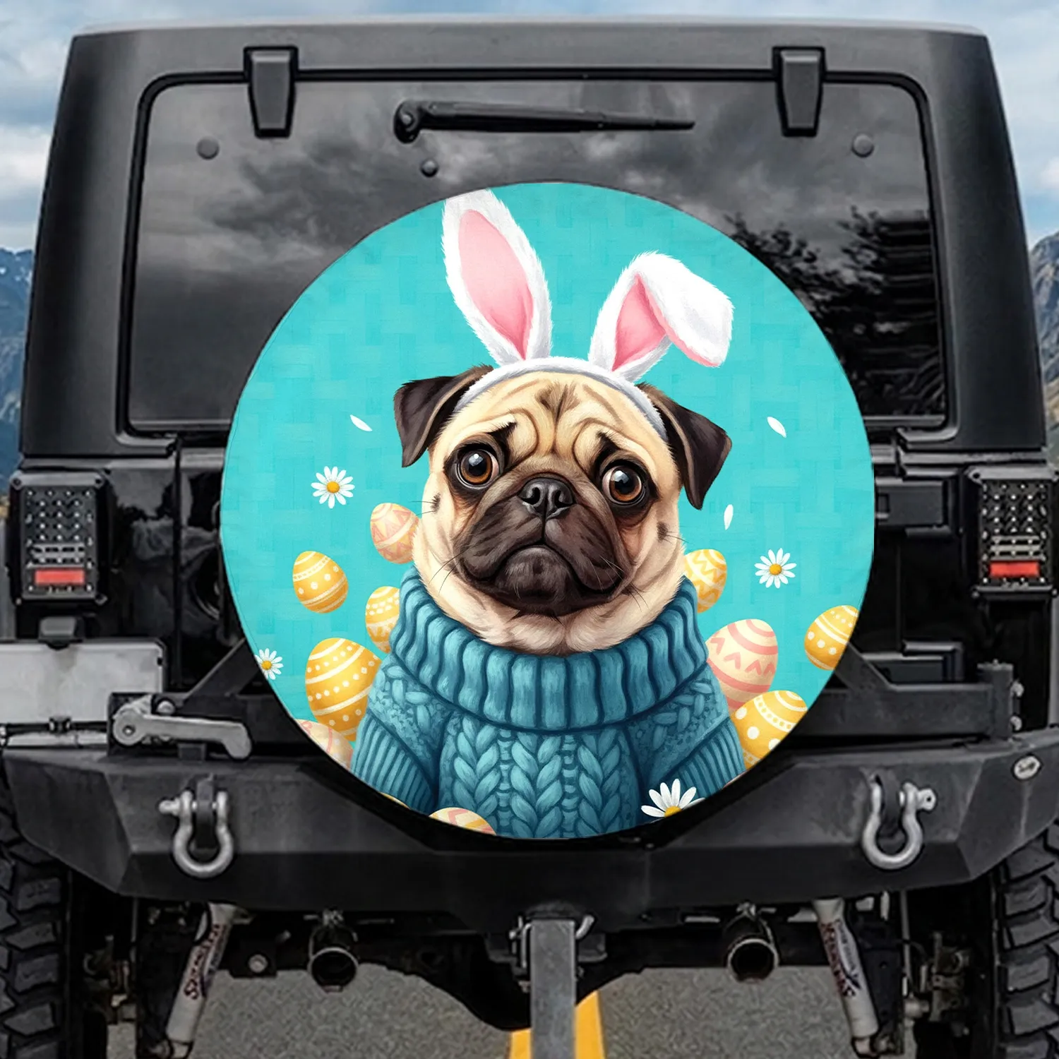 Pug Dog Bunny Ears Easter Eggs - Easter Holiday Dog Lover Gift Spare Tire Cover - 1