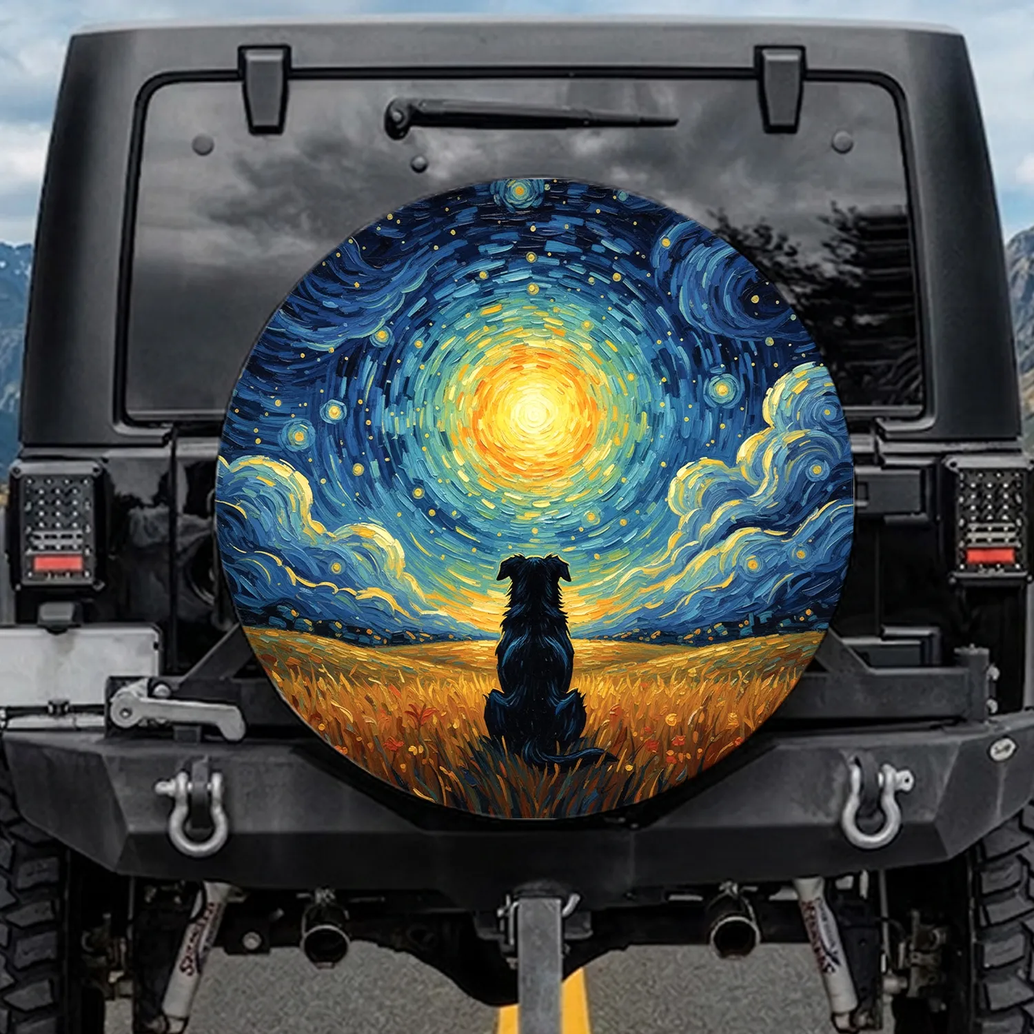Patient Dog Gazing Cosmic Starry Night Grassland - Dog Lover Gift Spare Tire Cover - 1