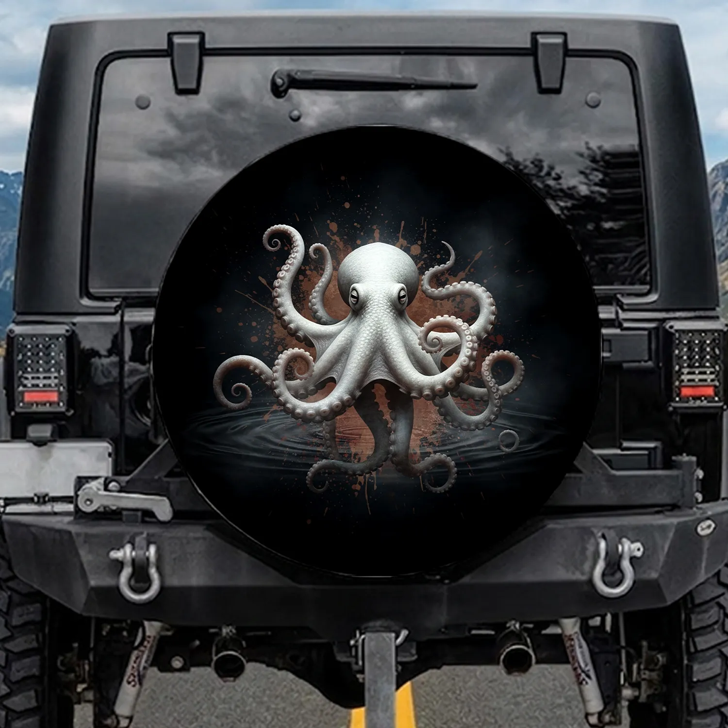 White-Grey Octopus Curled Tentacles Earthy Splatter Water Ripples - Wildlife Lover Gift Spare Tire Cover - 1
