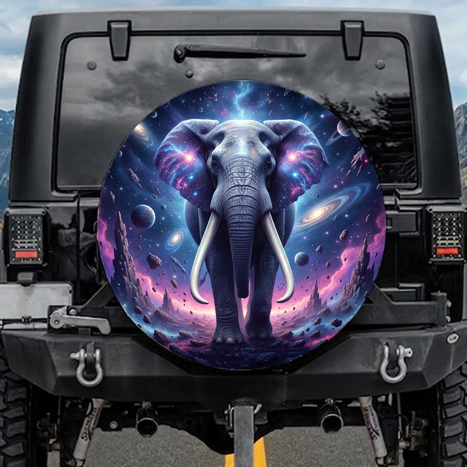 Majestic Realistic Elephant Cosmic Nebula Galaxy Celestial Planets - Wildlife Lover Gift Spare Tire Cover - 1