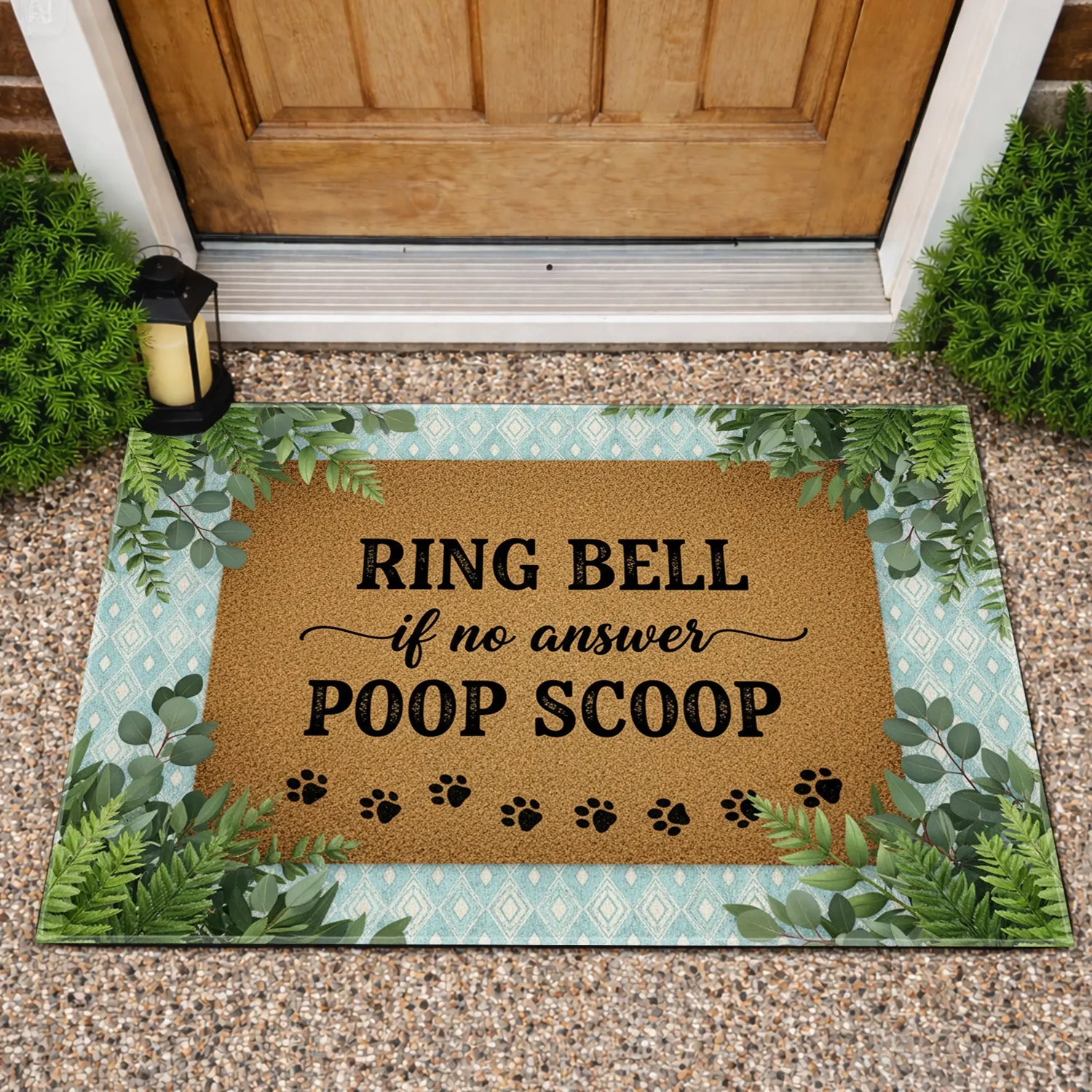 Paw Prints Ring Bell Poop Scoop Mat - Dog Owner Home Decor Gift Doormat - 1
