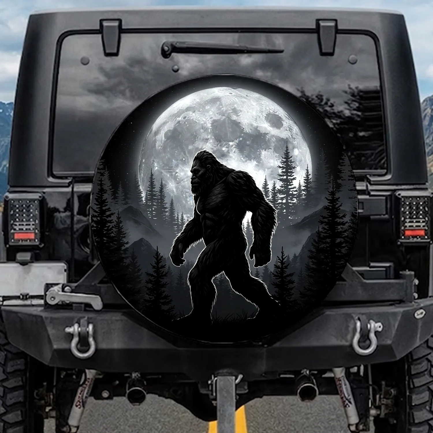 Bigfoot Full Moon Forest Night Sky Mountains - Wildlife Lover Gift Spare Tire Cover - 1