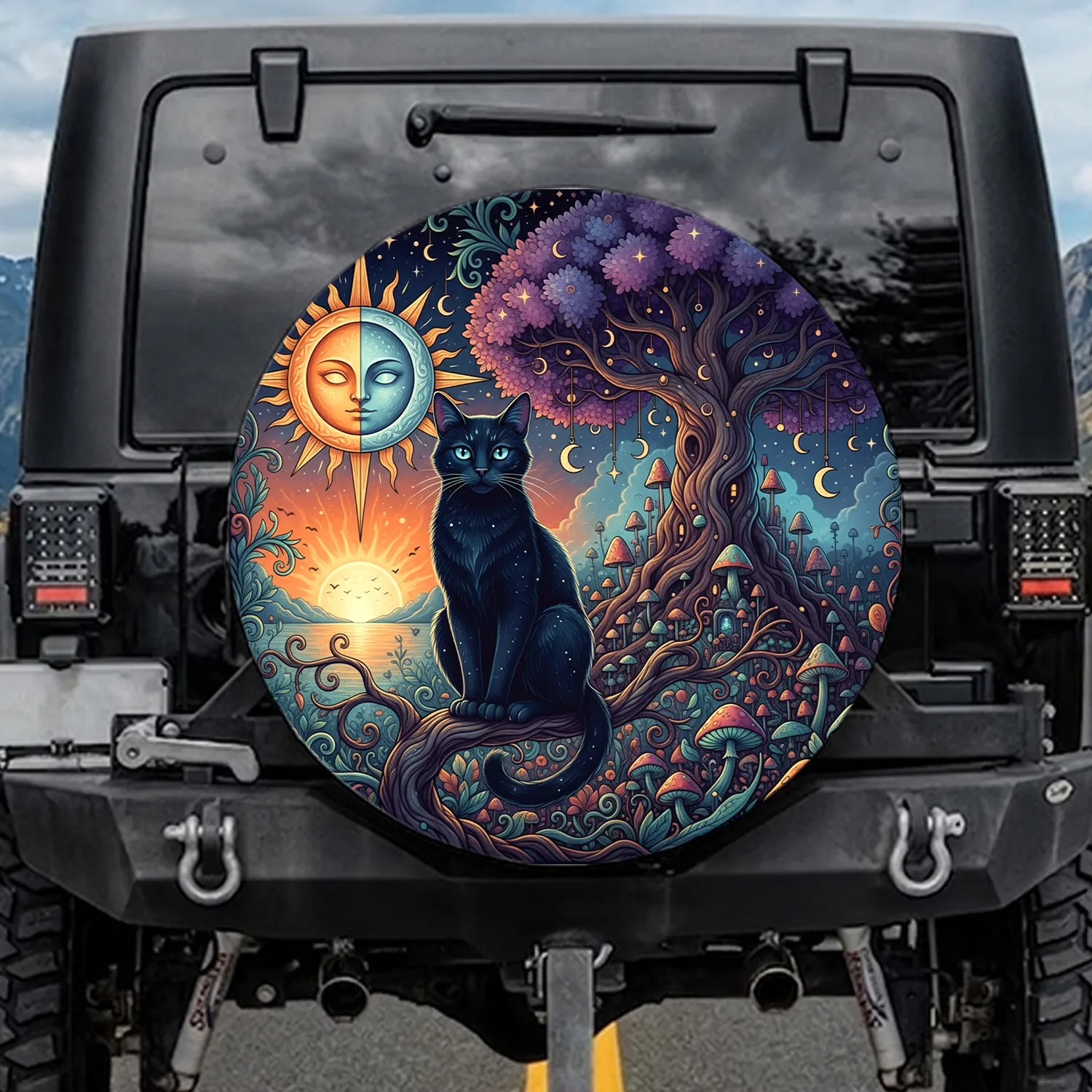 Black Cat Glowing Eyes Gnarled Tree Fantasy City Mushrooms - Cat Lover Gift Spare Tire Cover - 1