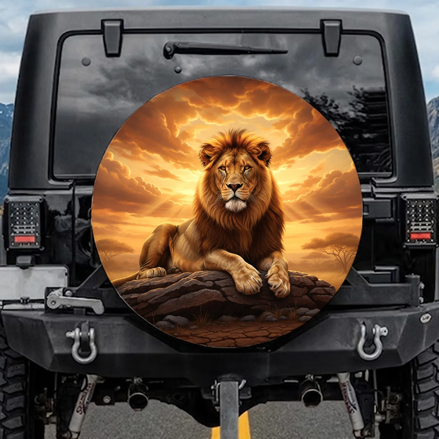 Majestic African Lion Rugged Rock Golden Sunset - Wildlife Lover Outdoor Decor Gift Spare Tire Cover - 1