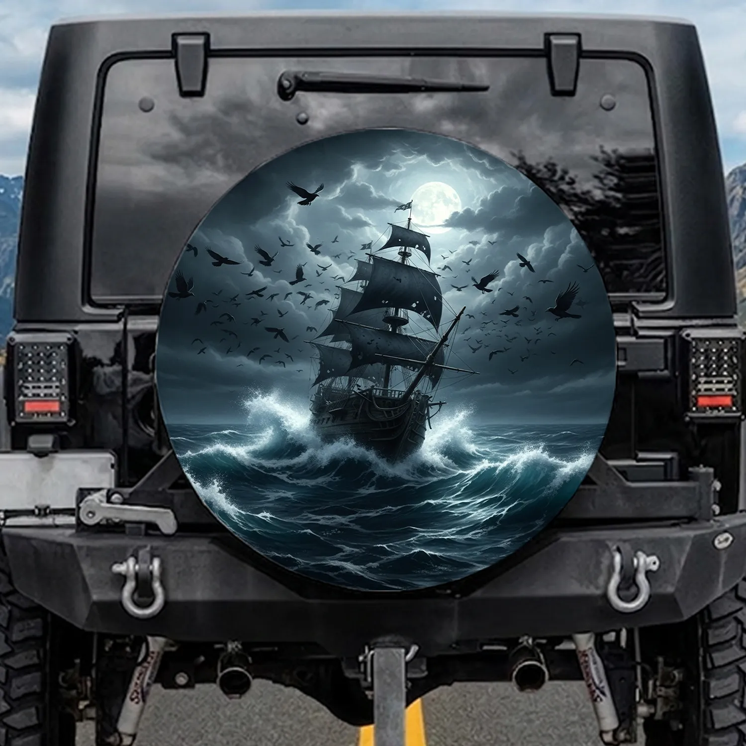 Ghostly Pirate Ship Stormy Ocean Full Moon - Adventure Lover Gift Spare Tire Cover - 1