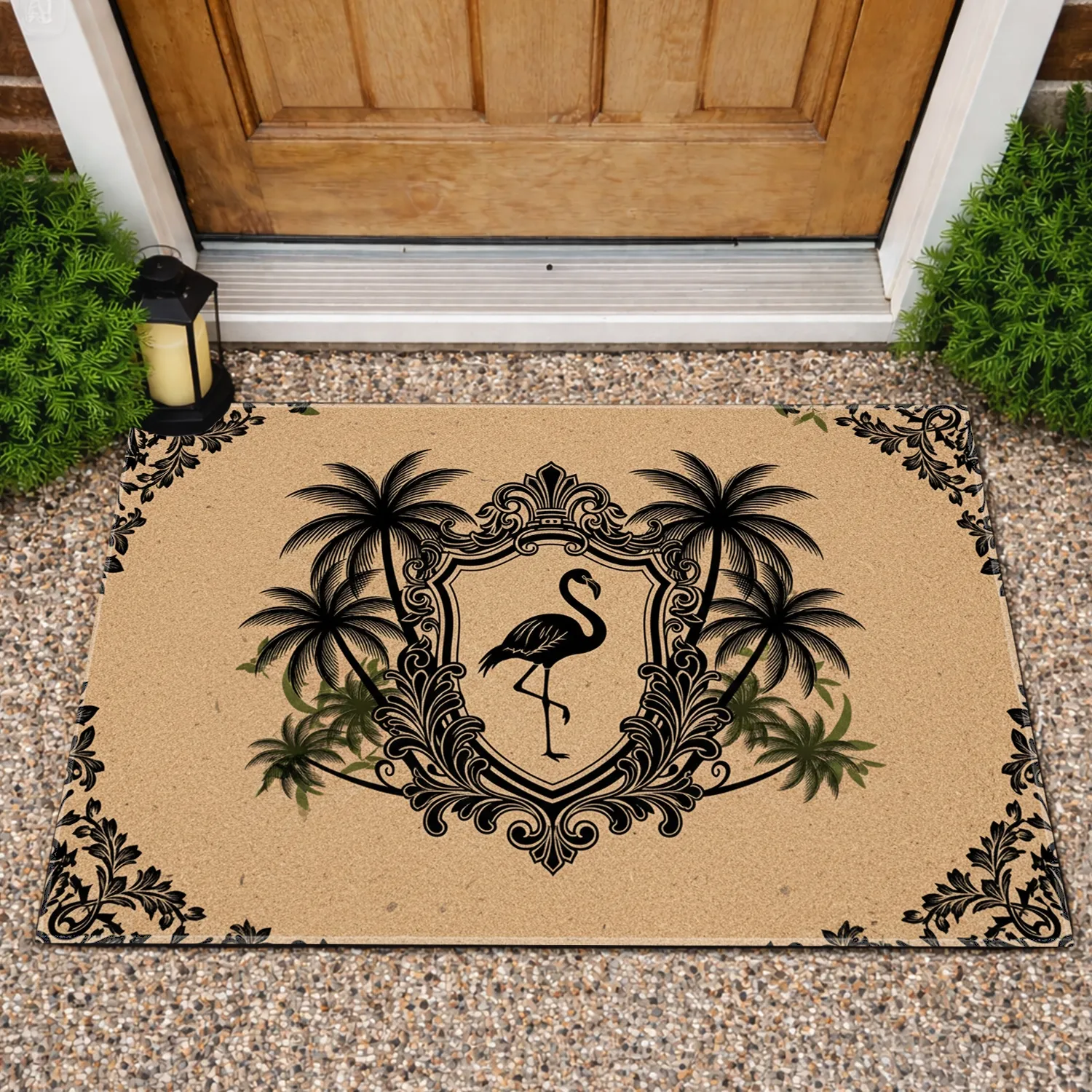 Tropical Flamingo Shield Palm Trees - Home Decor Gift Doormat - 1