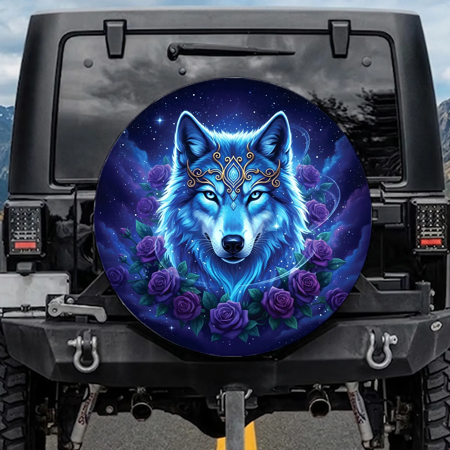 Ornate Golden Wolf Purple Roses Celestial Night - Fantasy Lover Gift Spare Tire Cover - 1