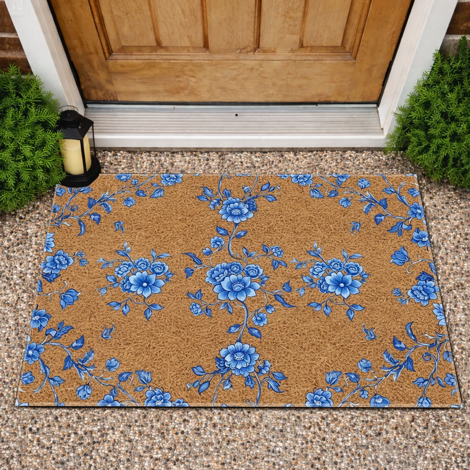 Delft Blue Floral Swirling Vine Blossoms & Leaves Burlap - Rustic Home Decor Gift Doormat - 1