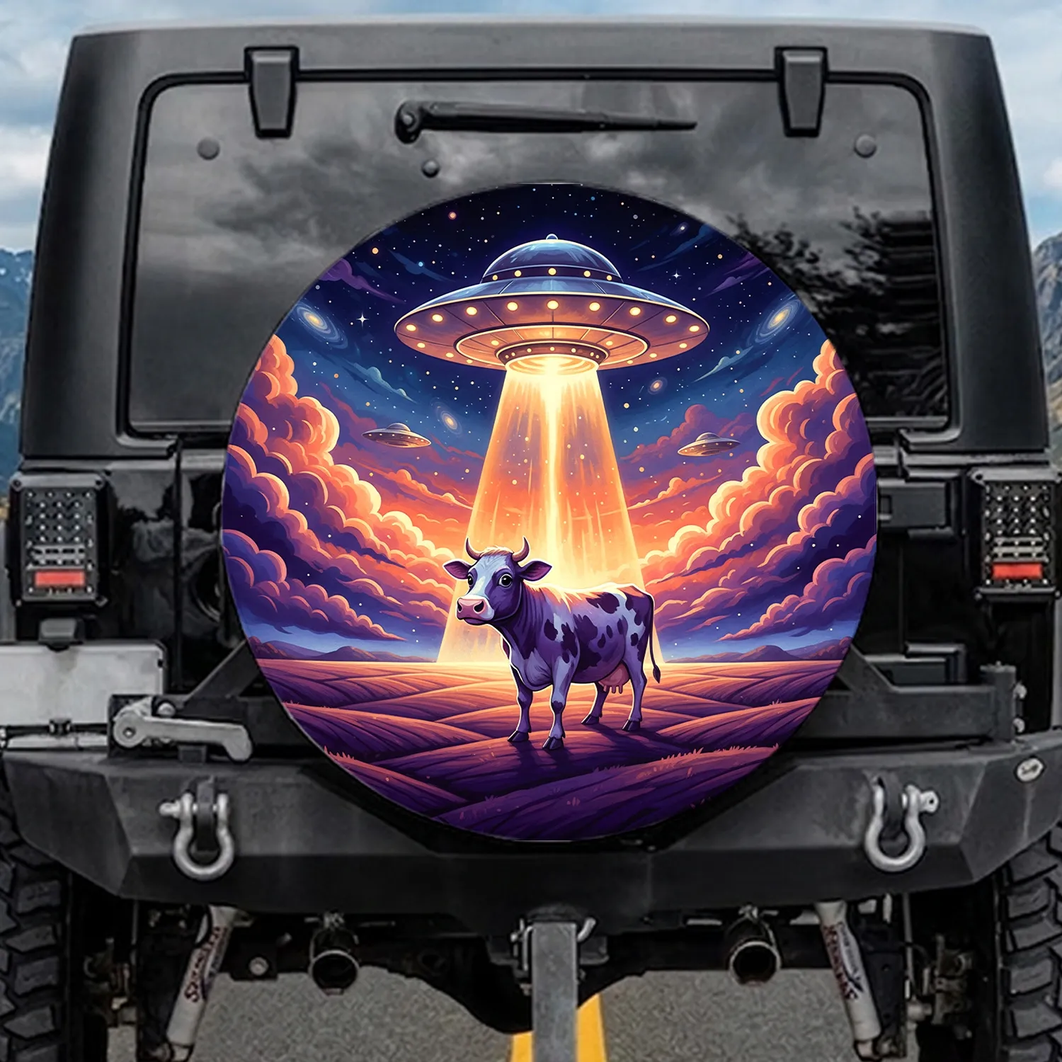 Purple-spotted Cow Flying Saucer Abduction - Cosmic Farmhouse Decor for Space Enthusiast Spare Tire Cover - 1