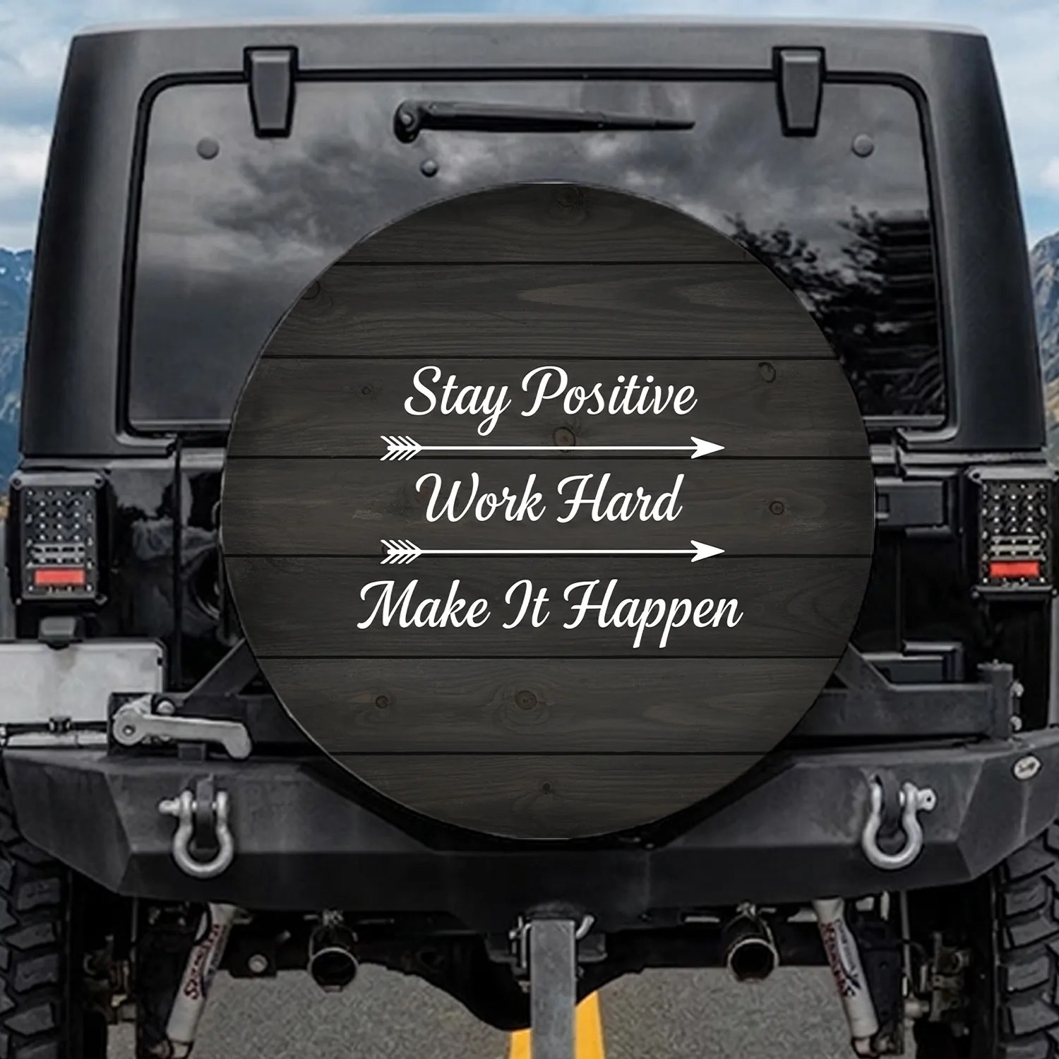 Stay Positive Work Hard Make It Happen Script Arrows Wood Plank - Inspirational Gift Spare Tire Cover - 1