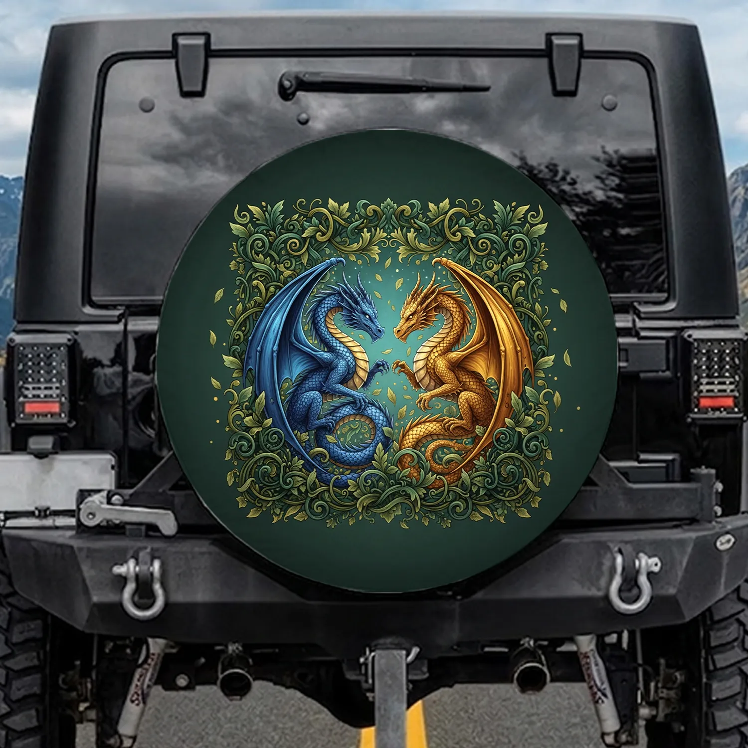 Blue Golden Dragon Intertwined Botanical Foliage - Fantasy Lover Gift Spare Tire Cover - 1