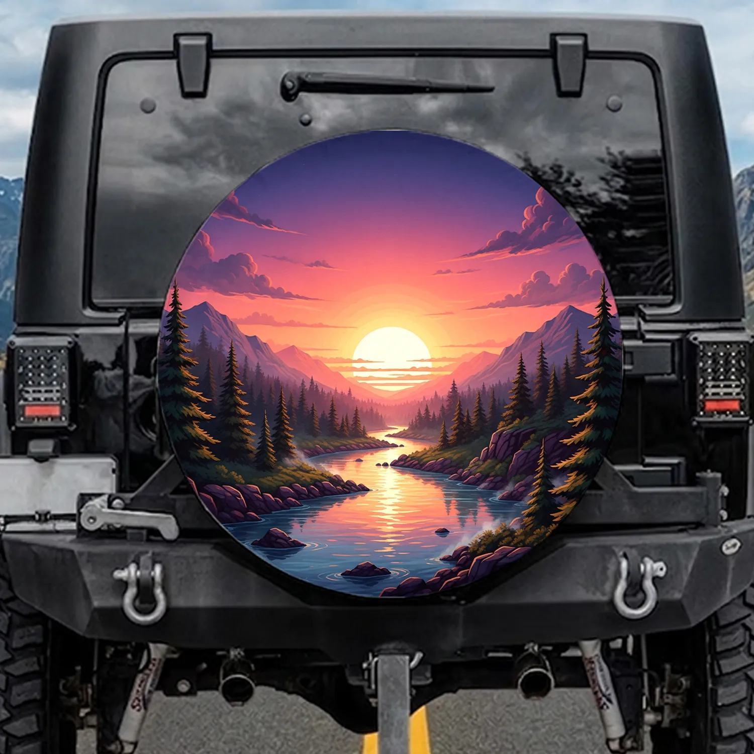 River Forest Mountain Moon Reflections Twilight Sky - Outdoor Adventure Gift Spare Tire Cover - 1