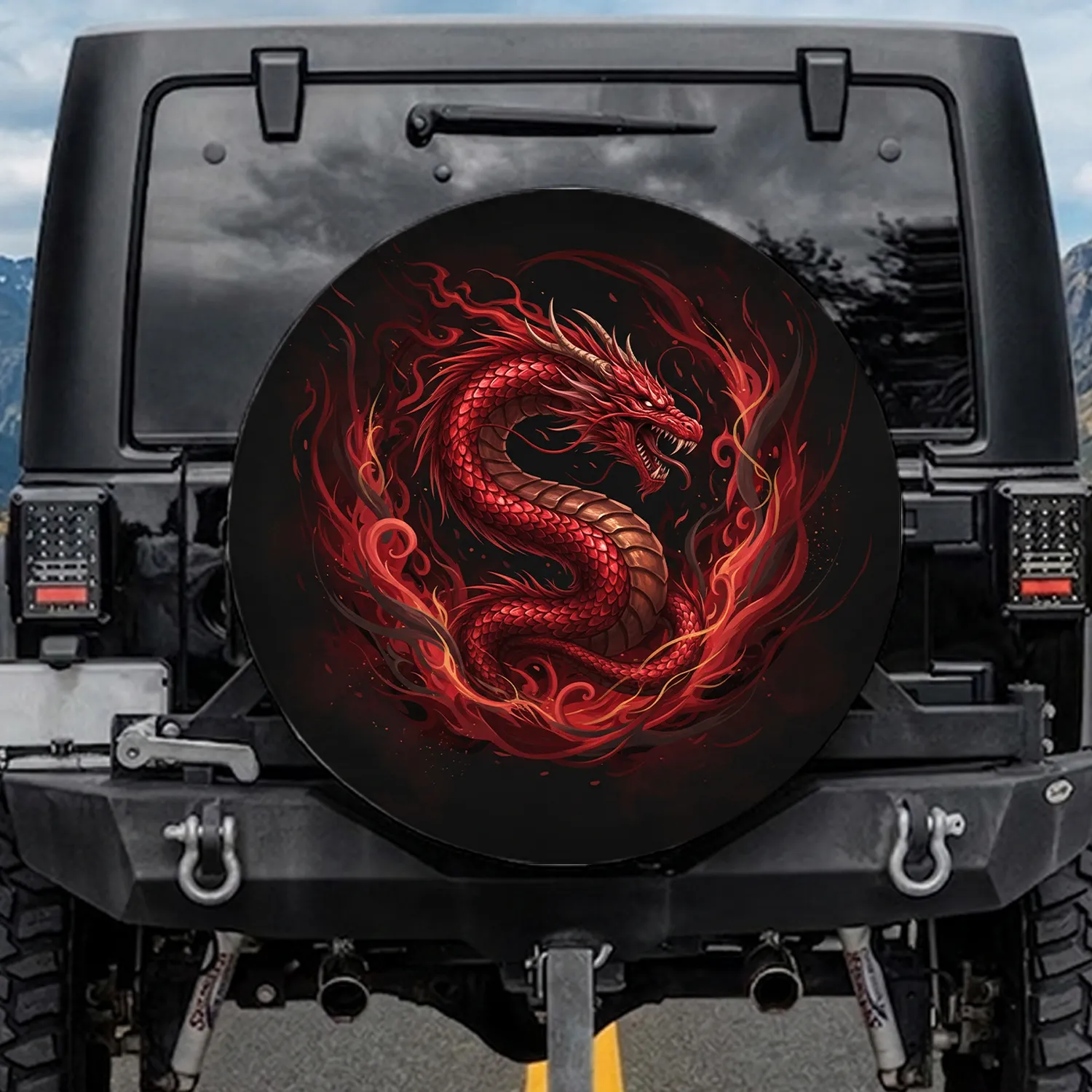 Mythical Coiled Red Dragon Fangs Claws Fiery Tendrils - Fantasy Art Dragon Lover Gift Spare Tire Cover - 1