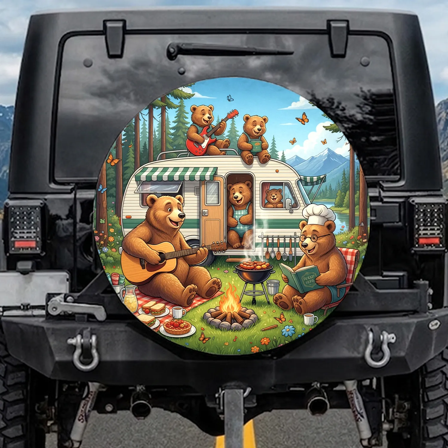 Bear Family Campfire RV Picnic Scene - Outdoor Life Gift for Camping Family Spare Tire Cover - 1