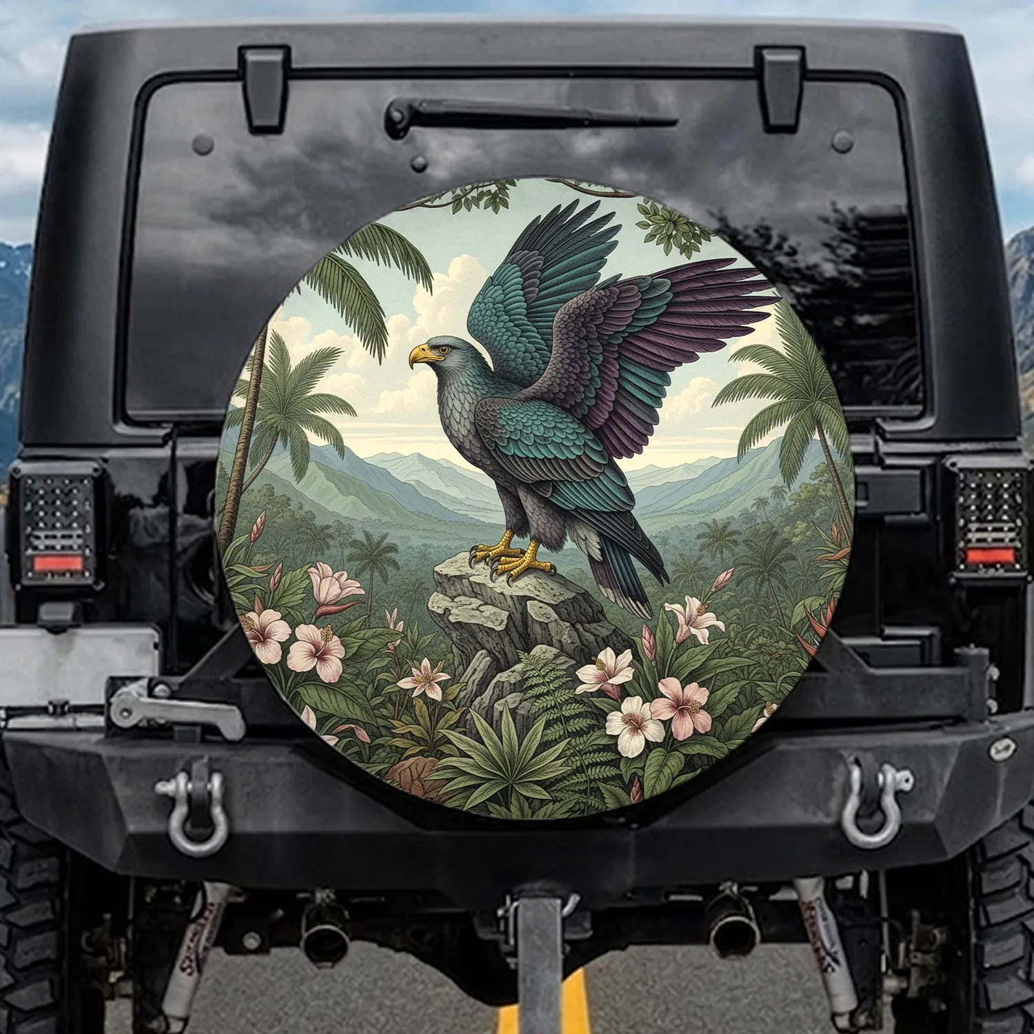 Majestic Eagle Tropical Flowers Craggy Rock - Wildlife Lover Gift Spare Tire Cover - 1