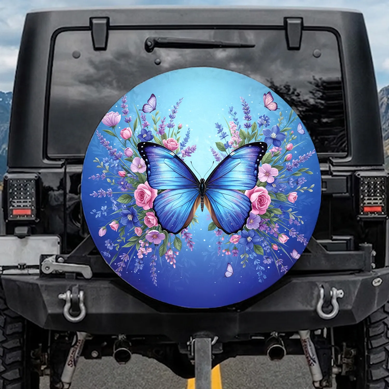 Vibrant Luminous Indigo Butterfly Floral Tapestry - Wildlife Lover Gift Spare Tire Cover - 1