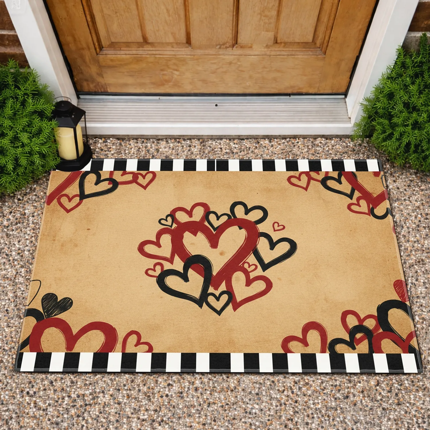 Crimson Black Hearts White Stripes Tan Background - Home Decor Gift Doormat - 1