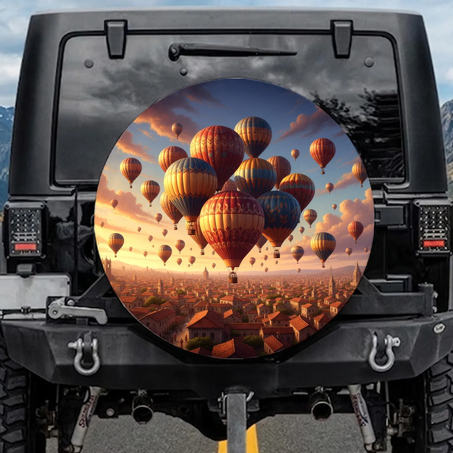 Hot Air Balloons European Cityscape Terracotta Roofs Golden Light Dawn Dusk Travel Lover Gift Spare Tire Cover - 1