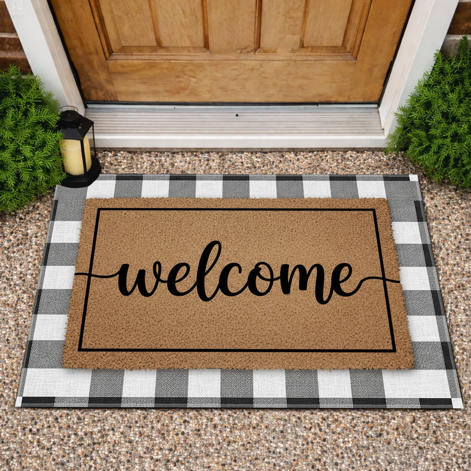 Welcome Script Black Buffalo Plaid Rustic Wood - Farmhouse Home Decor Gift Doormat - 1