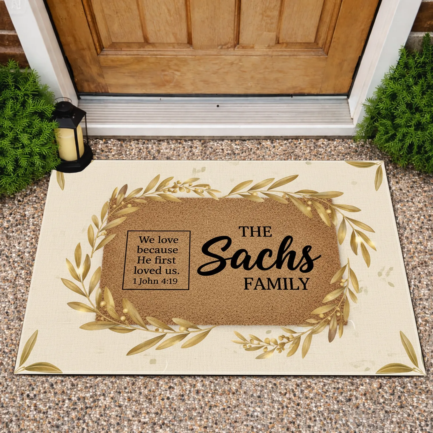 Custom Family Name Doormat Scripture Olive Branch Laurel - Christian Home Decor Gift - 1