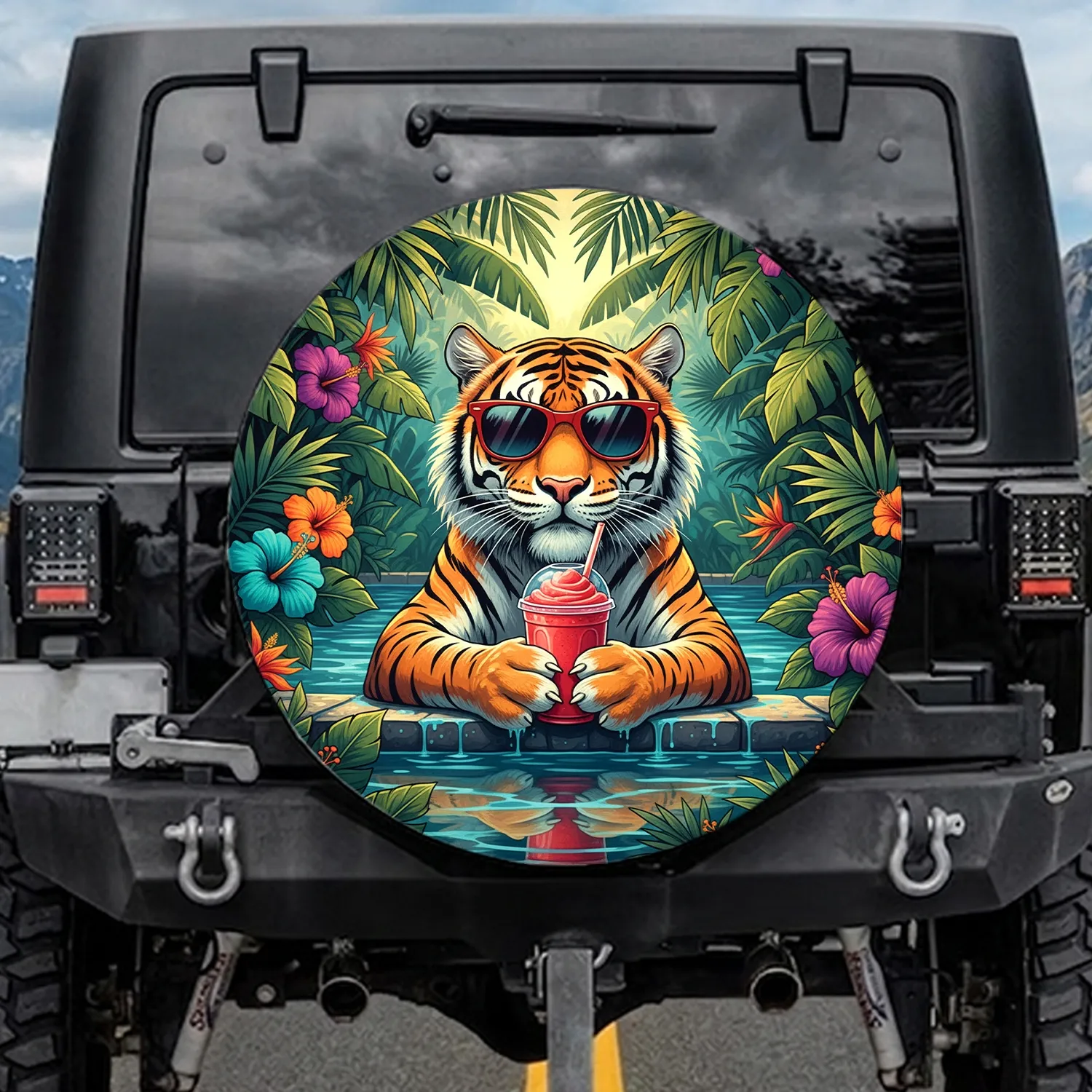 Charismatic Tiger Sunglasses Strawberry Smoothie Tropical Palm Hibiscus Wildlife Lover Gift Spare Tire Cover - 1