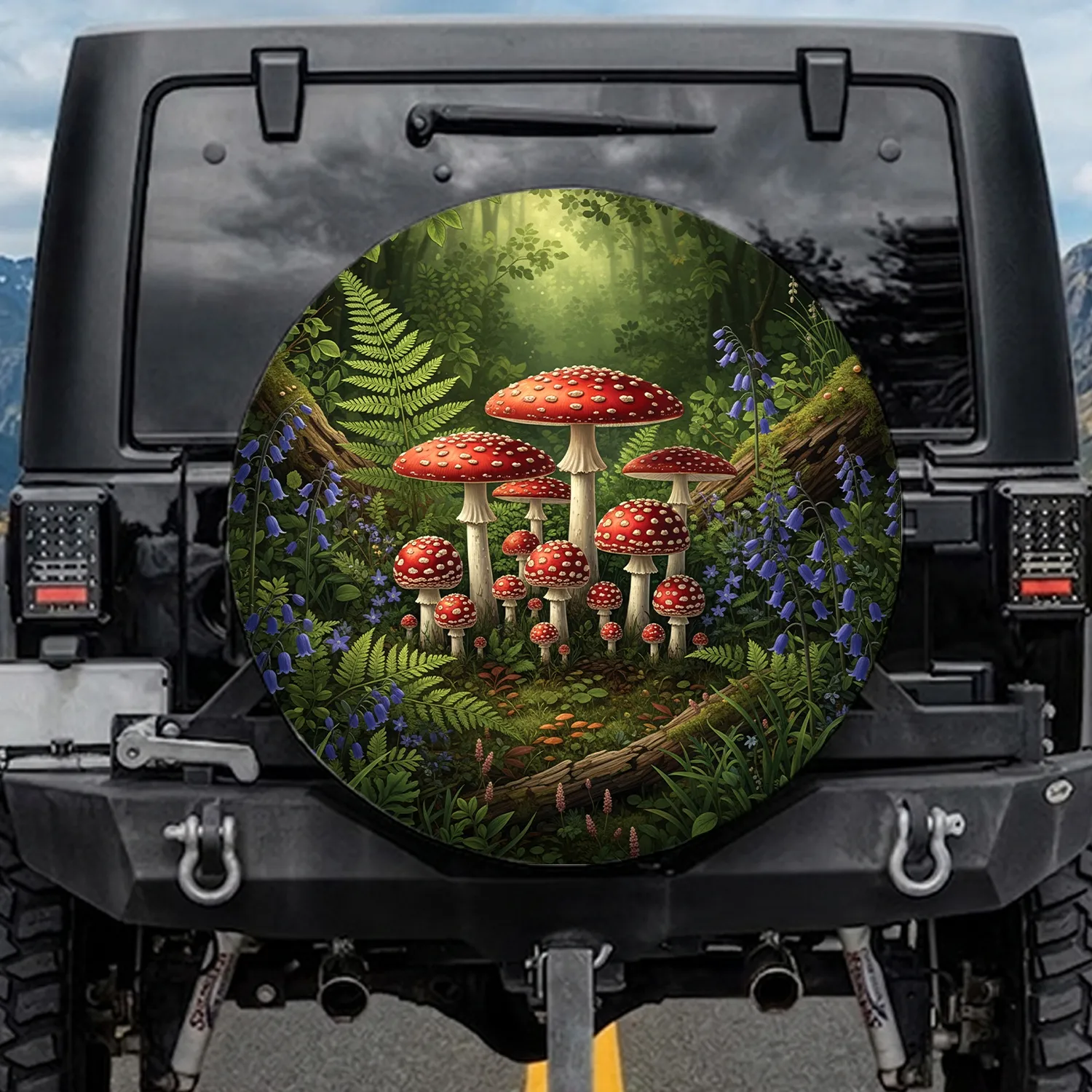 Red White Spotted Mushrooms Lush Forest Foliage Blue Wildflowers - Nature Lover Gift Spare Tire Cover - 1