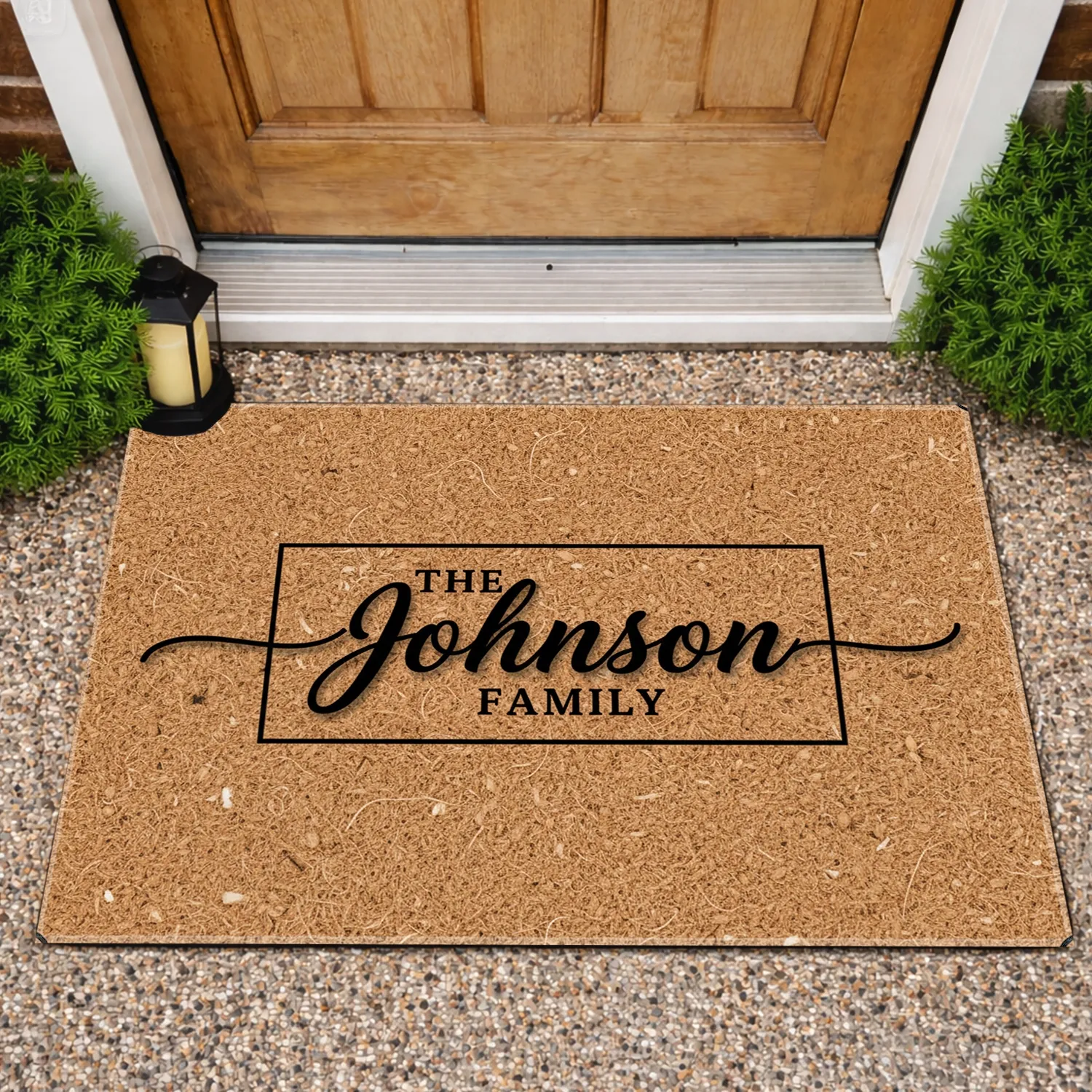 Custom Family Name Black Script Thin Border - Home Decor Gift Doormat - 1