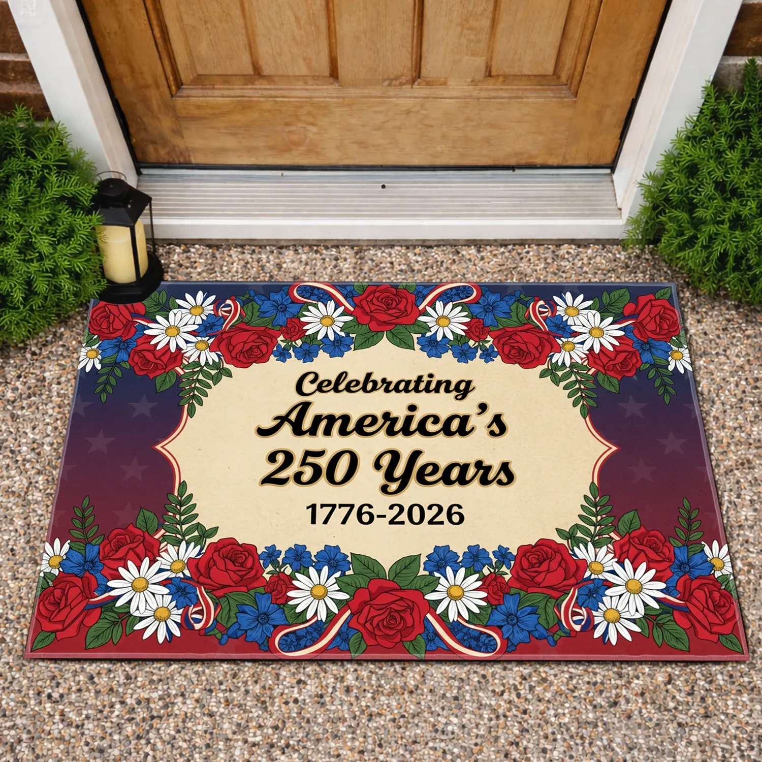 America 250th Anniversary (1776-2026) Patriotic Stars Stripes Floral Garlands Doormat - 1