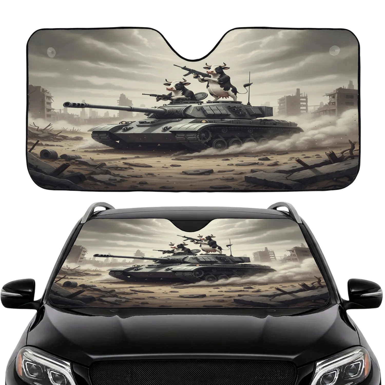 Holstein Cows Military Tank Submachine Gun - Military Lover Gift Car Sunshade - 1