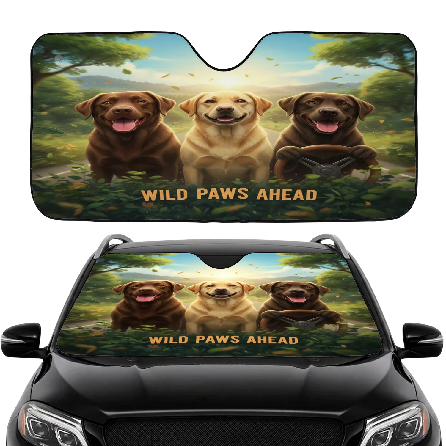 Happy Labrador Dogs Steering Wheel Sun-Drenched Landscape Road Trip - Dog Lover Gift Car Sunshade - 1