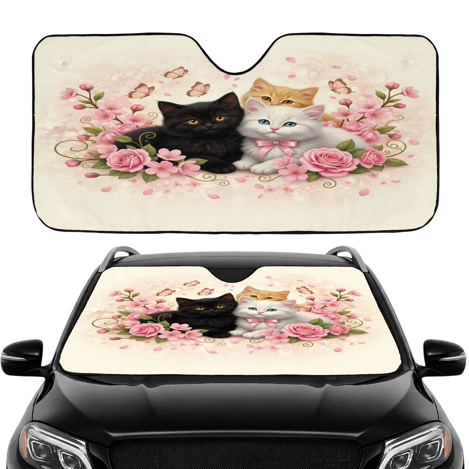 Fluffy Kittens Pink Blossoms Butterflies - Car Decor Gift for Cat Lover Car Sunshade - 1