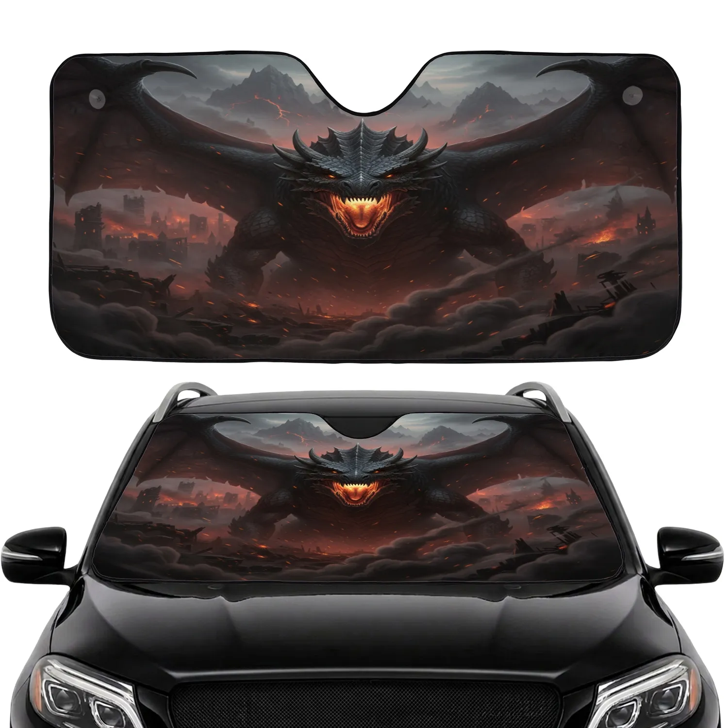 Dark Scaled Dragon Glowing Amber Eyes Sharp Fangs Smoke Ruined Cityscape - Fantasy Lover Gift Car Sunshade - 1